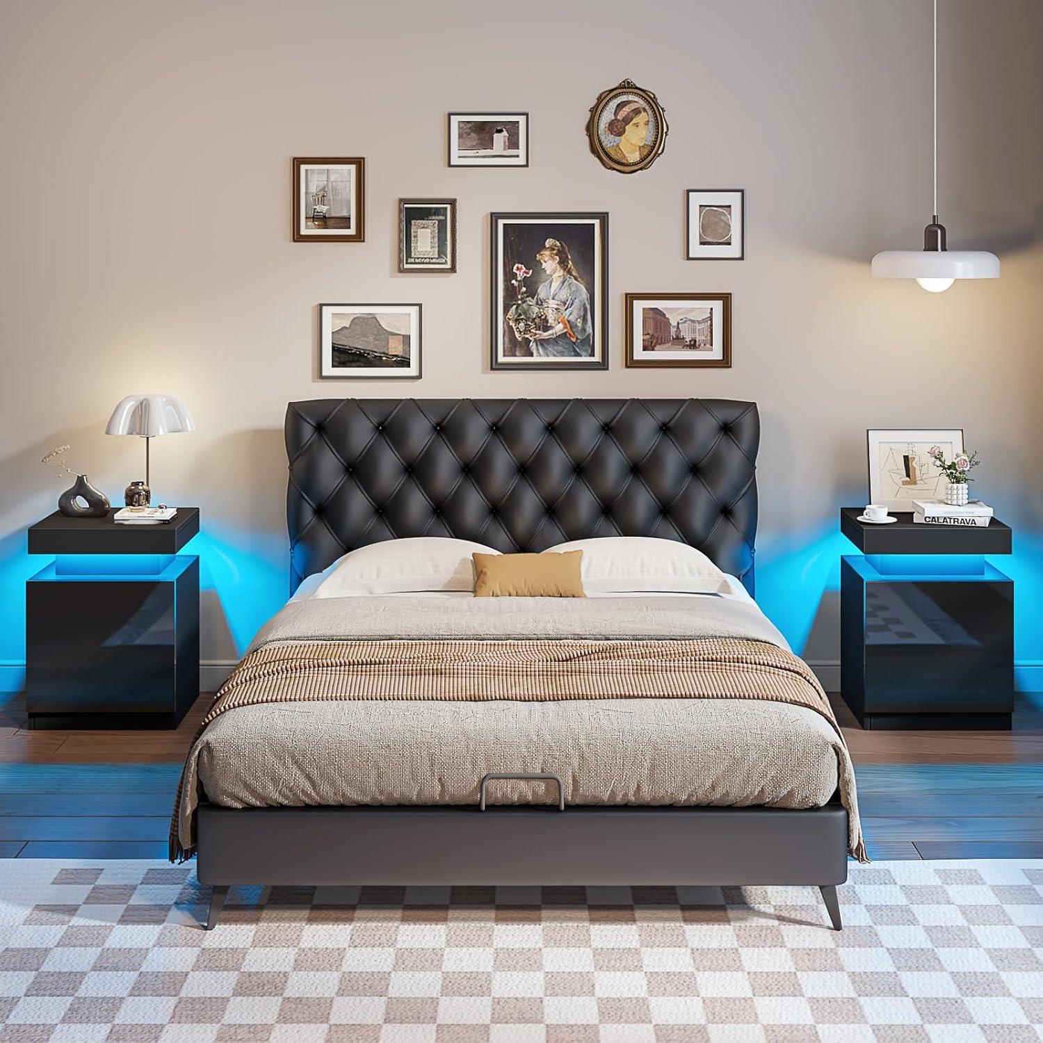 MXV Nightstand Set of 2 with LED Lights,Night Stand with Storage Cabinet for Bedroom,Bedside Table with LED (Black, 17.7IN)