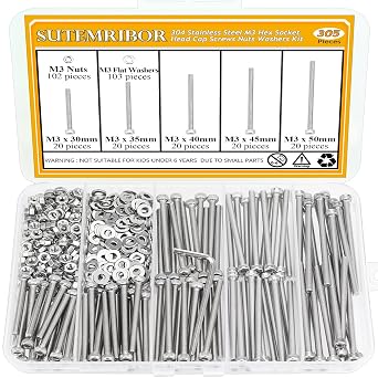 305 Pieces M3 x 30/35/40/45/50mm Hex Socket Head Cap Screws Nuts Washers Set Silver, Sutemribor M3 Long Screws, M3 Stainless Screws Nuts Washers Assortment Kit, 304 Stainless Steel, Fully Threaded