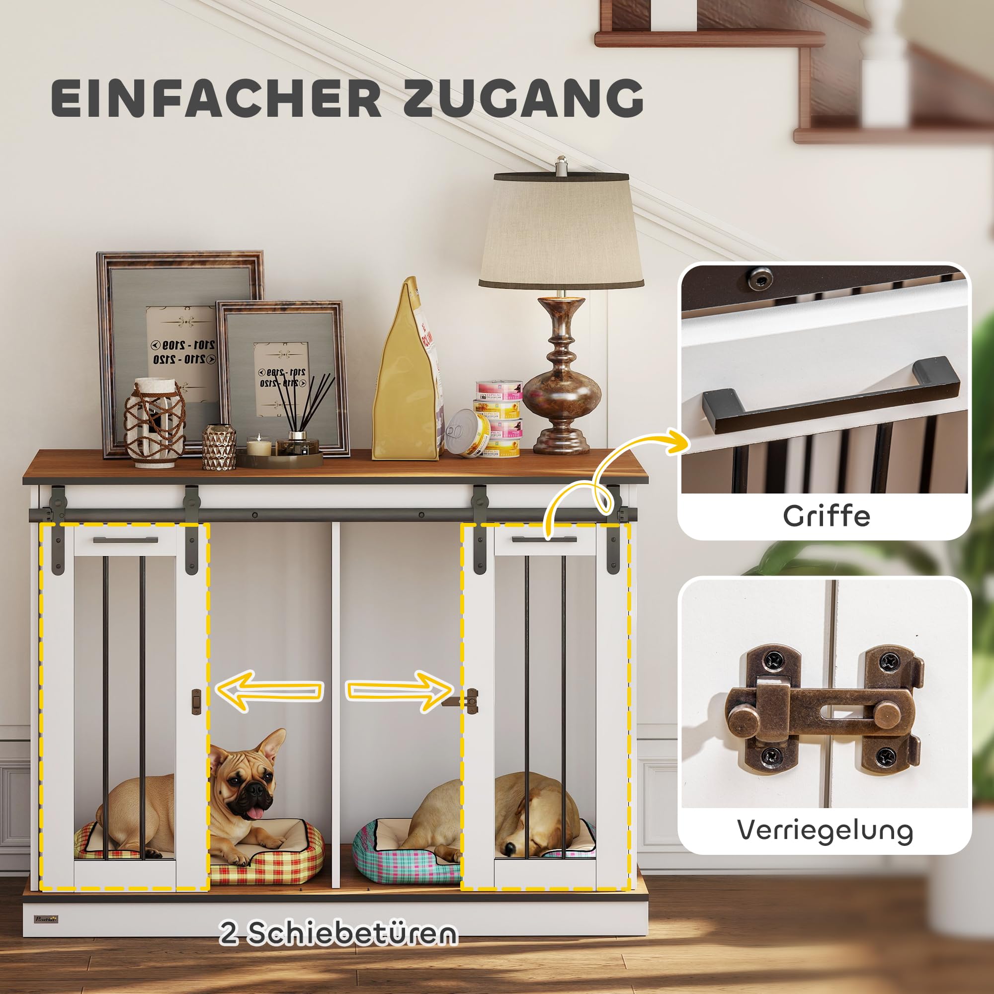 PawHut Hundekäfig Möbel mit Zweiraum-Option, 2 Türen Moderne Metall Hundebox für Zuhause Indoor Hundehütte für große Hunde bis zu 30 kg Hundehaus 120 x 60 x 88,5 cm Weiß