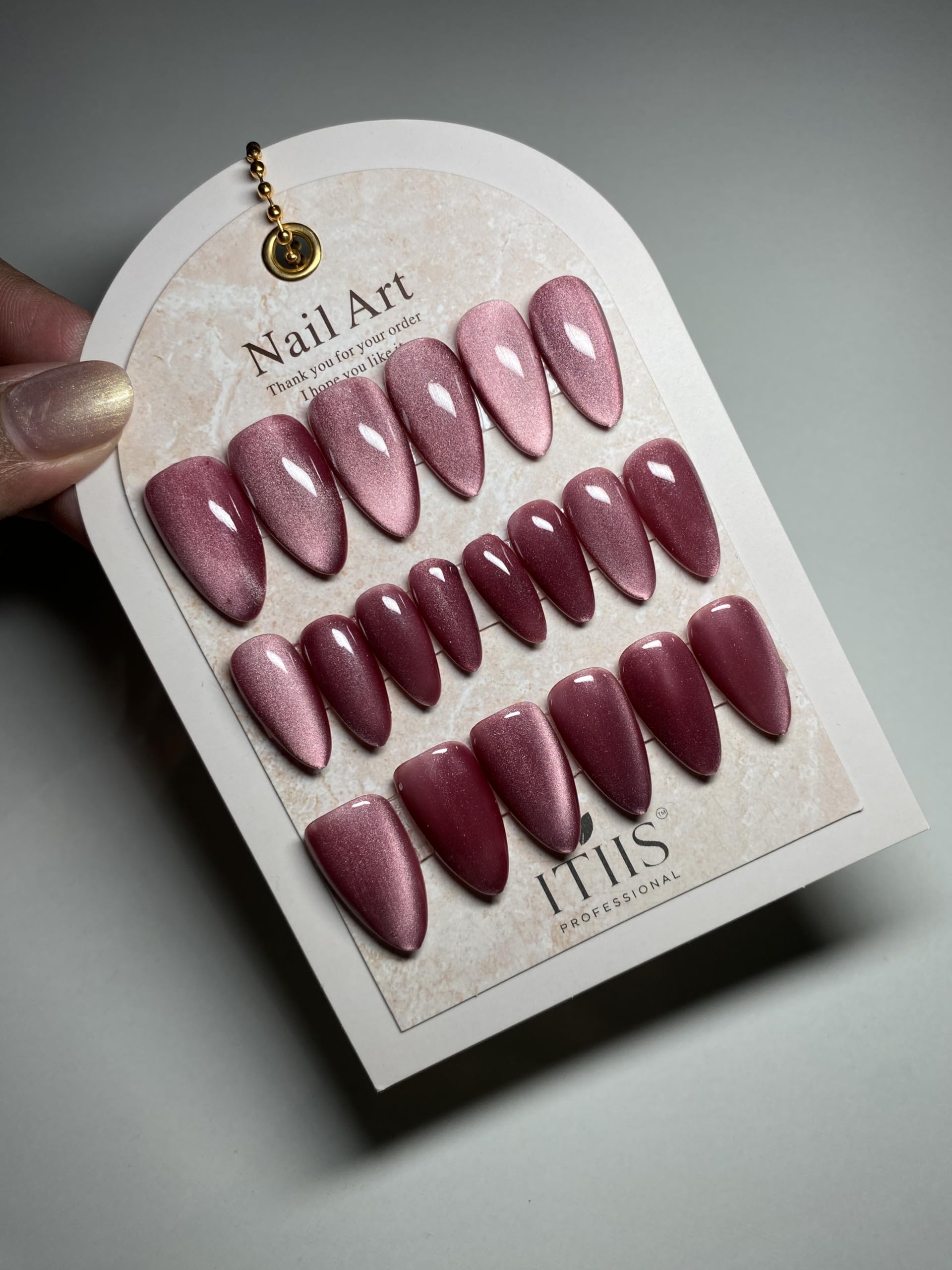 Ottilio Handmade Velvet Pink Cat Eye Press-On Nails | Mid Almond Shape Reusable Artificial Nails Kit | Double Tap Glue & Wooden Cuticle Pusher | Salon Finish for Women-image-30