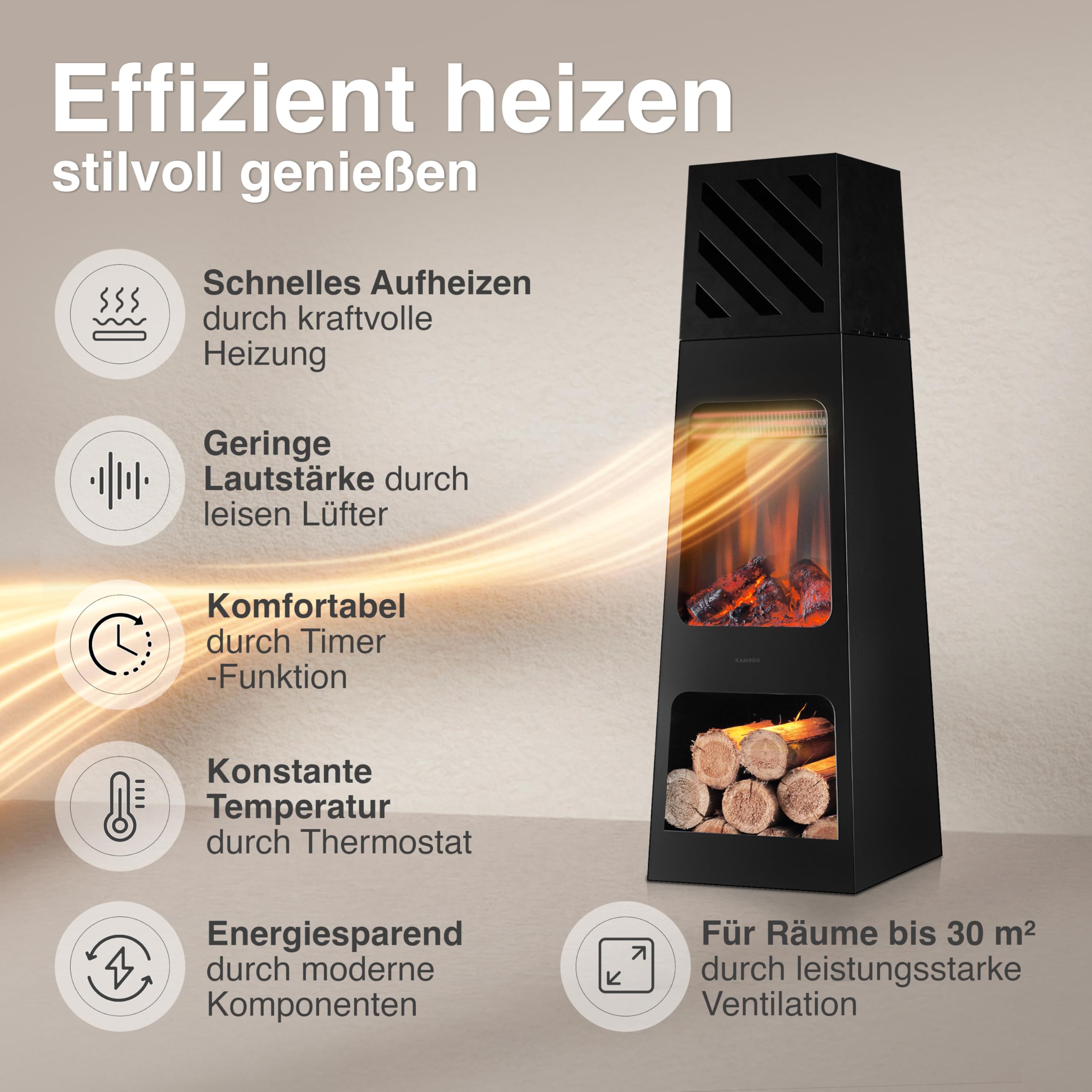 KAMINIO Elektrischer Gartenkamin Kai - Elektro Terrassenofen mit Heizung, 3D-Flammeneffekt, Holzfach, LED-Ambientelicht, Fernbedienung (X-Large)
