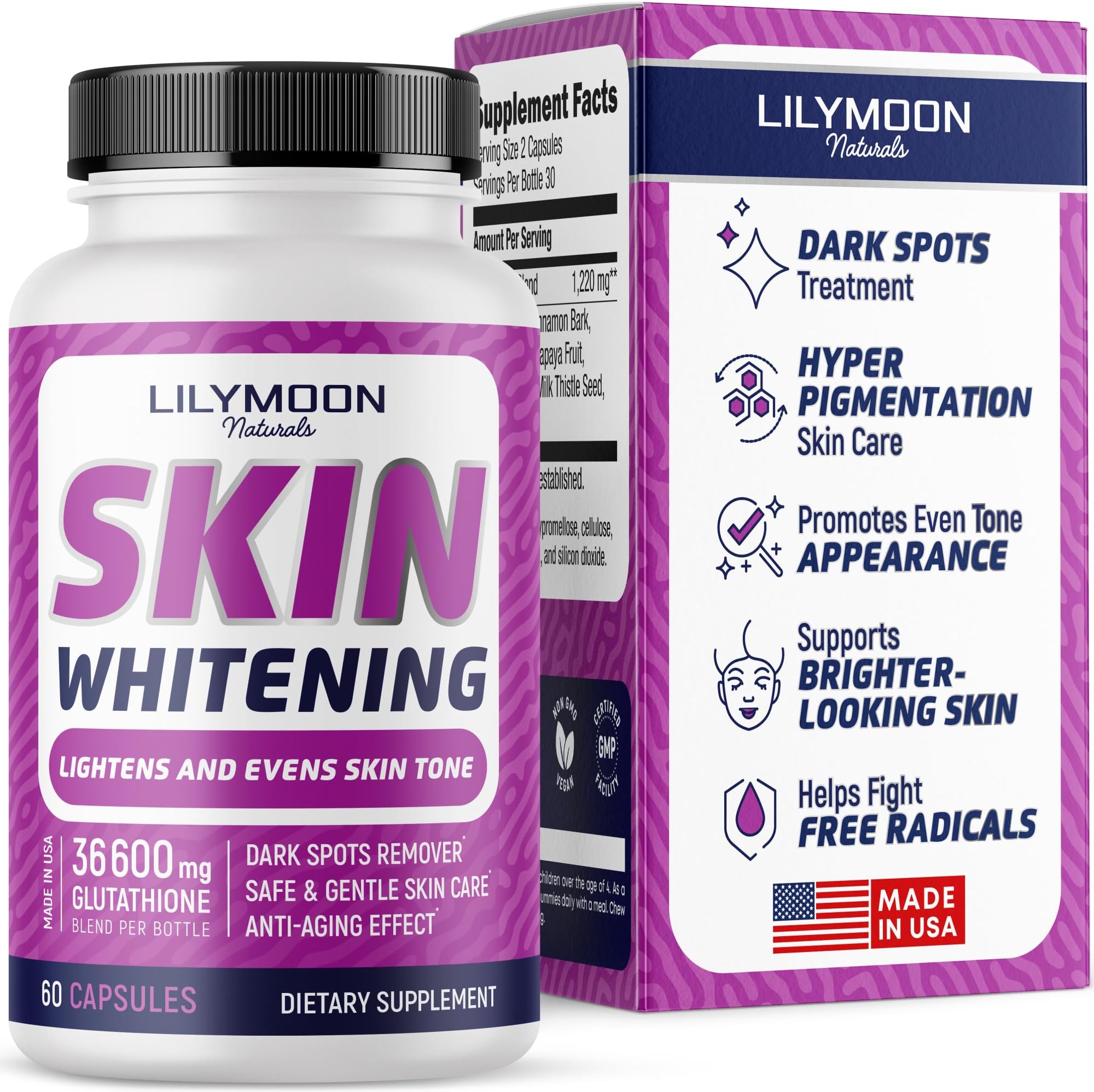 LILYMOON Glutathione Whitening Pills Skin Lightening Pills - Skin Whitening Formula - Glutathione Whitening Skin Pills with Vitamin C - Skin Lightener - Dark Spot Remover - Made in USA | Skin Whitening Formula - Glutathione Whitening Skin Supplement with Vitamin C - Skin Lightener - Made in USA