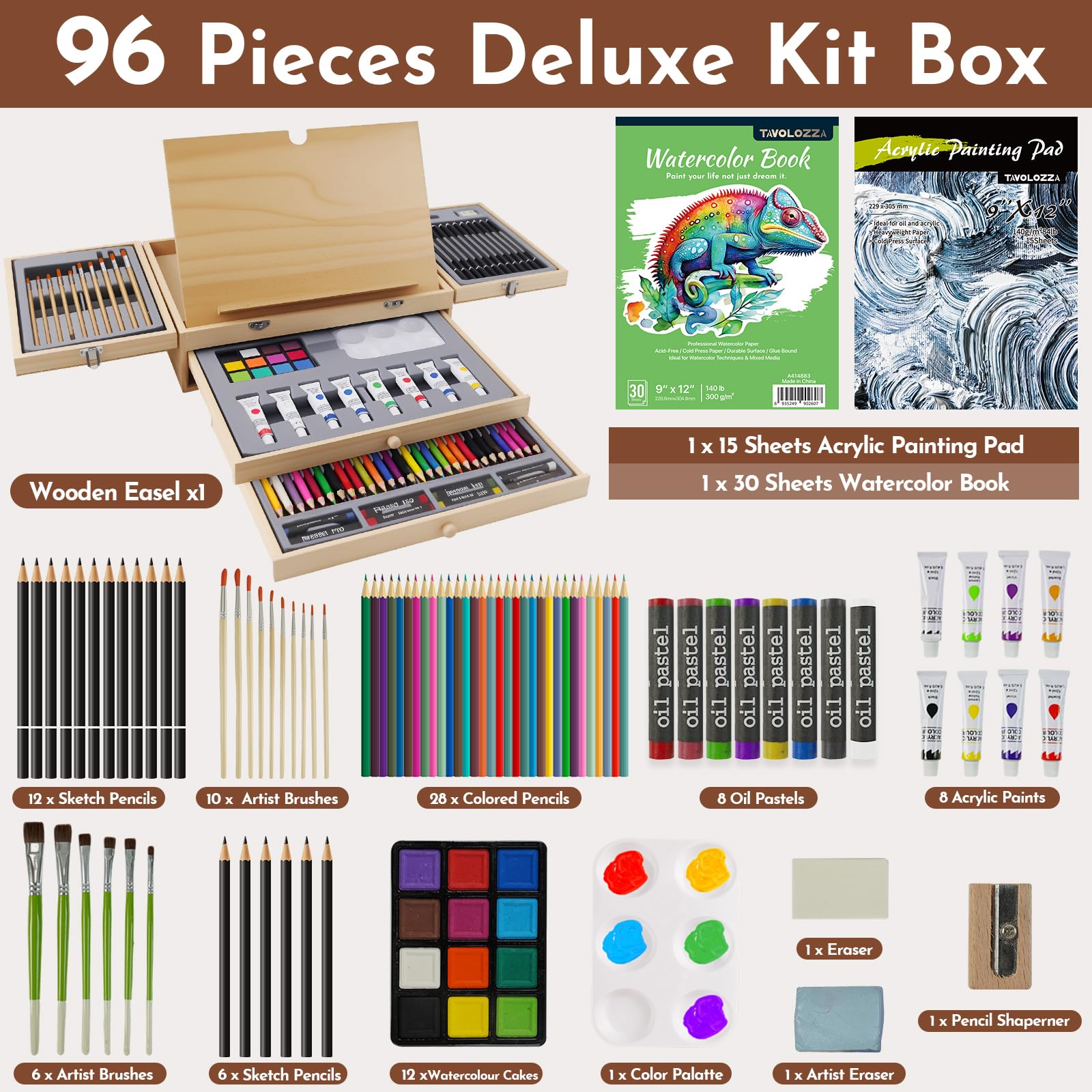 Amazon.com: conda 96 Piece Premium Wooden Art Set with 2 Drawing