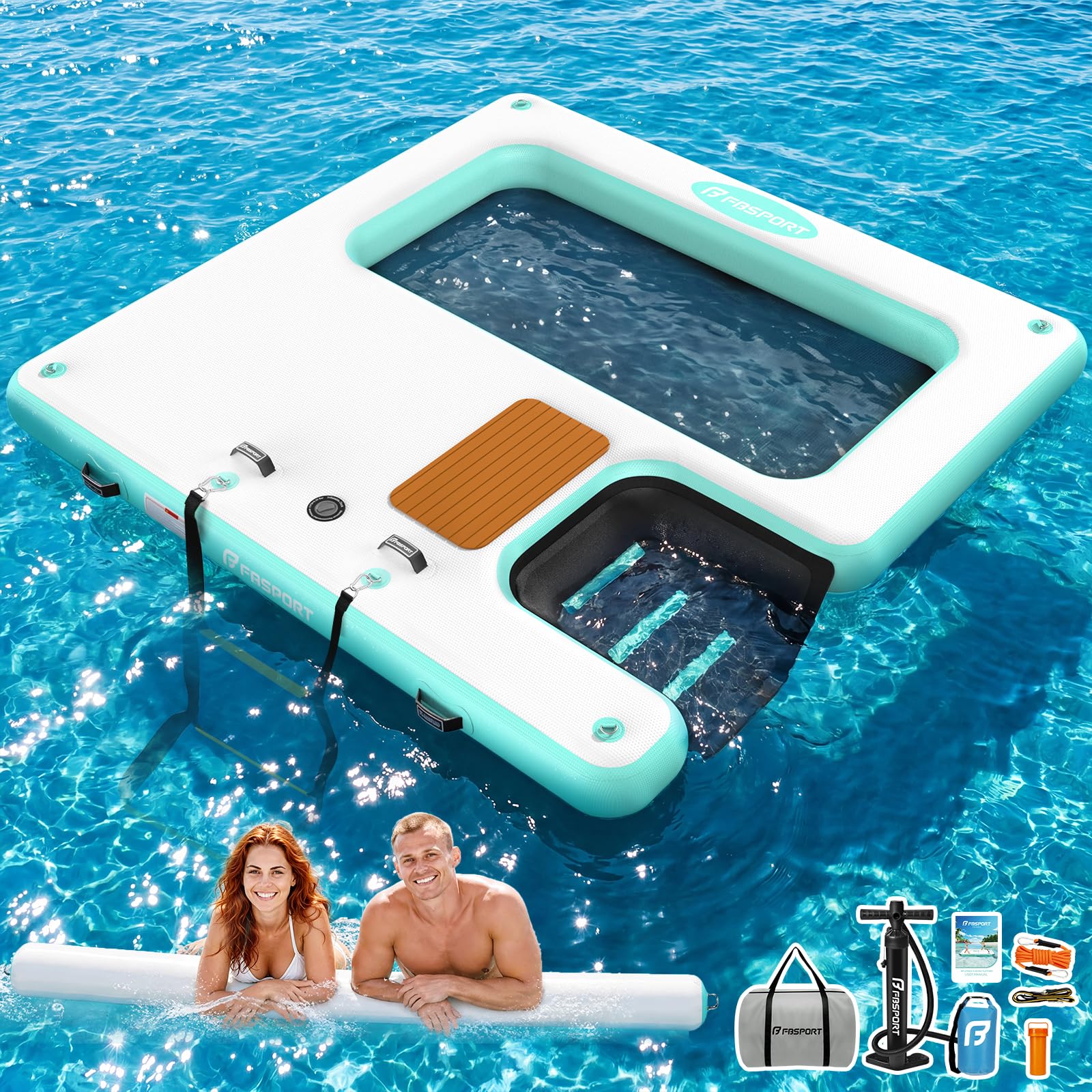 Aufblasbarer Schwimmsteg, Große aufblasbare Schwimmplattform, aufblasbare Insel | 240×240cm hundefreundliche Schwimmplattform mit Hunderampe und Kopfstütze, Wasserfloß für Pool, See, Strand und Ozean