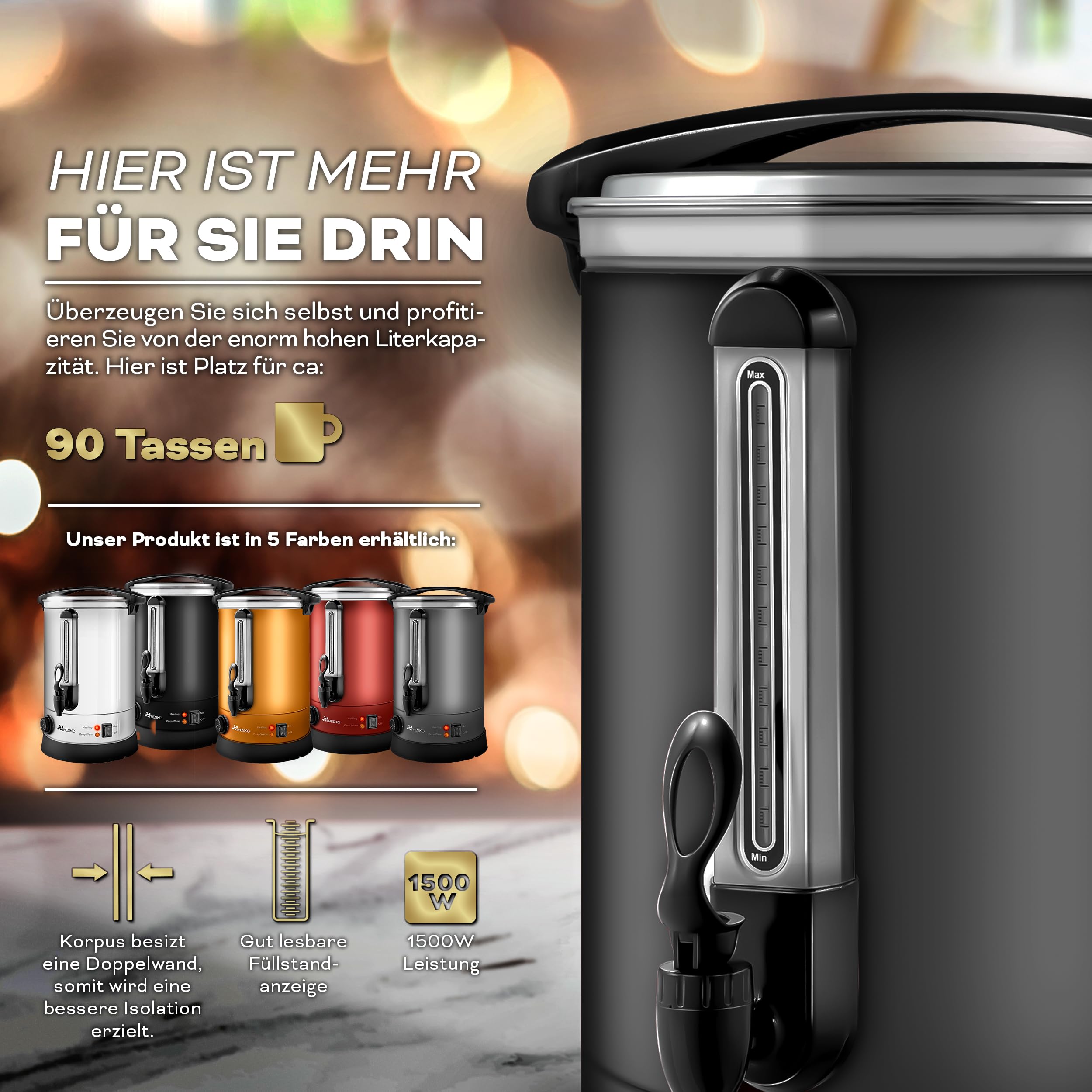 TRESKO Hervidor de vino caliente 30 l/2500 W acero inoxidable - Hervidor de vino caliente - Dispensador de agua caliente