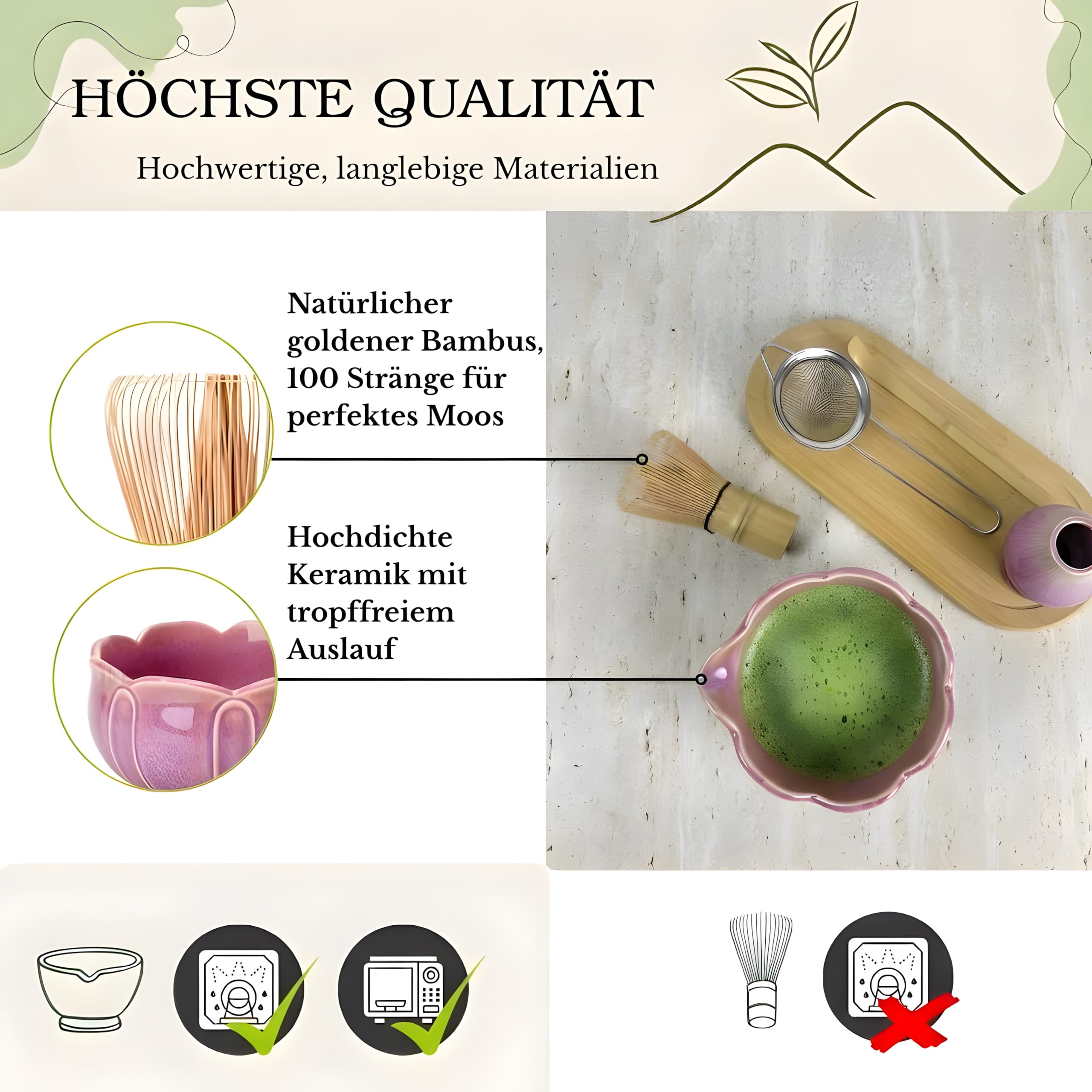 Set Matcha mit Bambusbesen, Keramikschale & Sieb – Matcha Tee Starter Set inkl. Löffel, ideal als Geschenk – Premium Matcha Kit