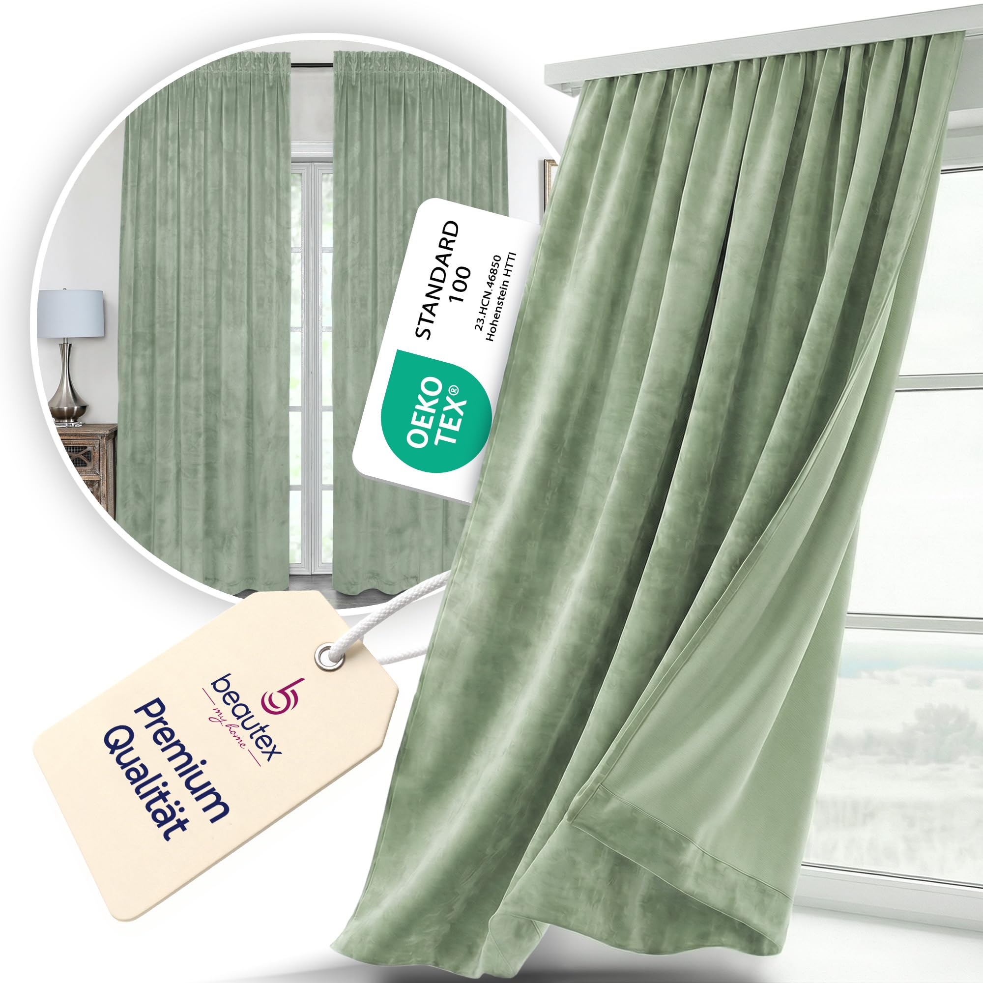 BEAUTEX Cortina de terciopelo con cinta fruncidora en U, opaca, 300 x 245 cm (ancho 300 cm, alto 245 cm, verde claro)