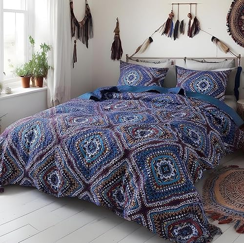 Miniatura 10 de DaDa Bedding - Juego de colcha étnica, tribal, azul marino oscuro, bohemio, patrón geométrico, patrón de diamantes, acolchado, tamaño California