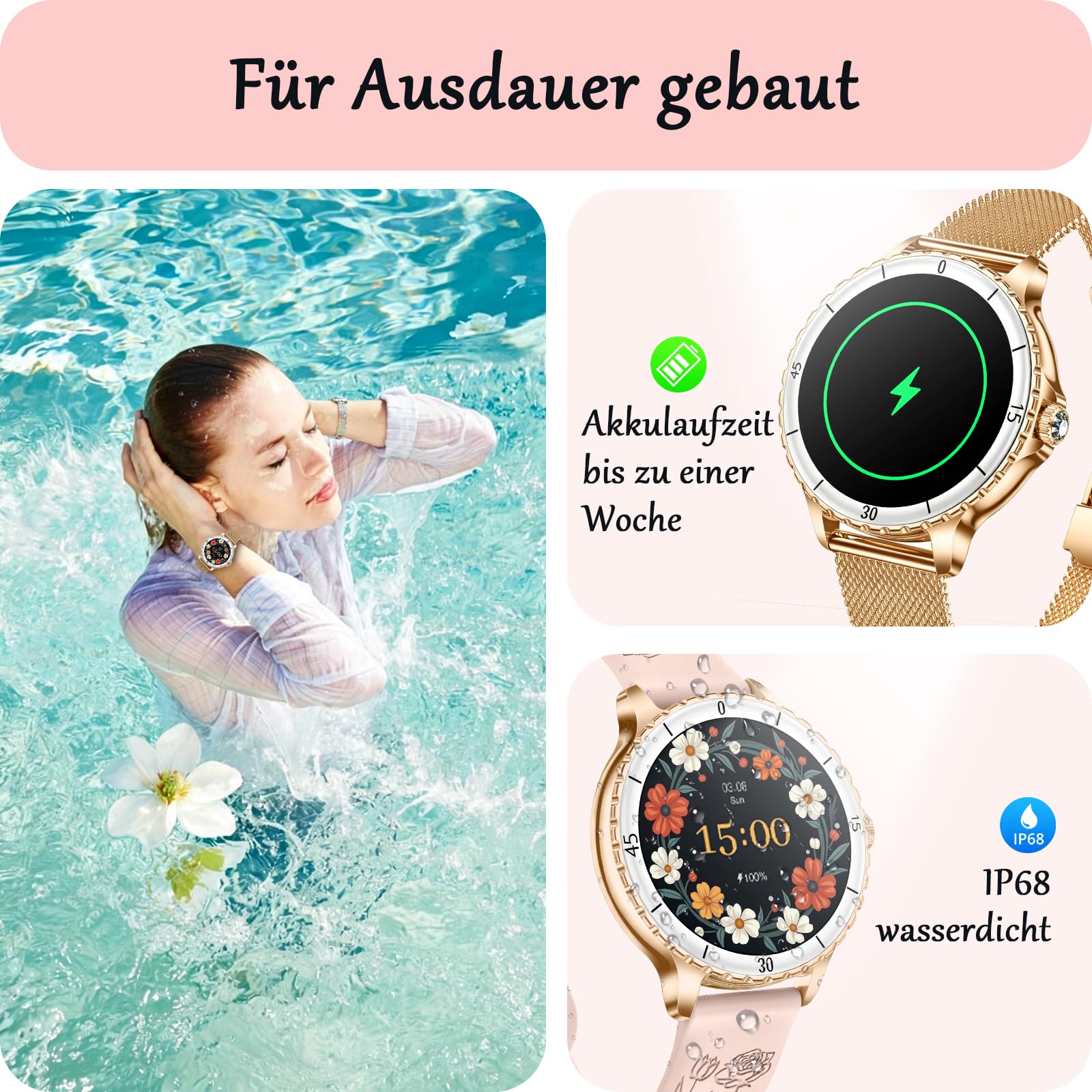 Smartwatch Damen mit Telefonfunktion, 1,27", 2 Armbänder, Rose Gold | 120+ Sportmodi Fitness Tracker, Herzfrequenz/SpO2/Schlaf Monitor Schrittzähler, IP68 Wasserdicht Sportuhr für iOS Android