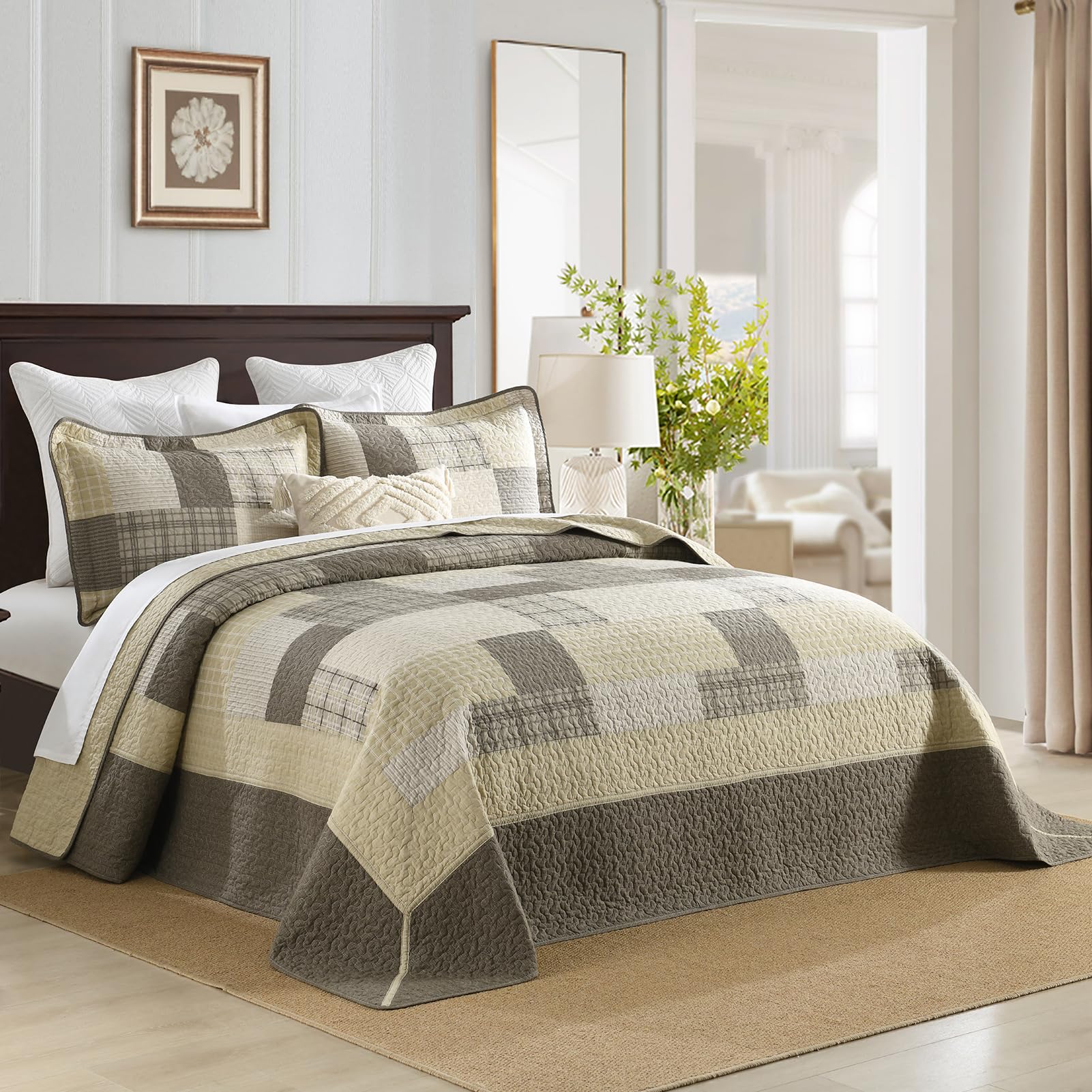 SahSahCasa 100% Cotton 128"x120" Oversized California King XL Bedspread Coverlet Quilt Set, Cal King Quilted Farmhouse Plaid Bedspread Extra Large Bed Spread Lightweight Comforter, 3pc, Beige/Brown