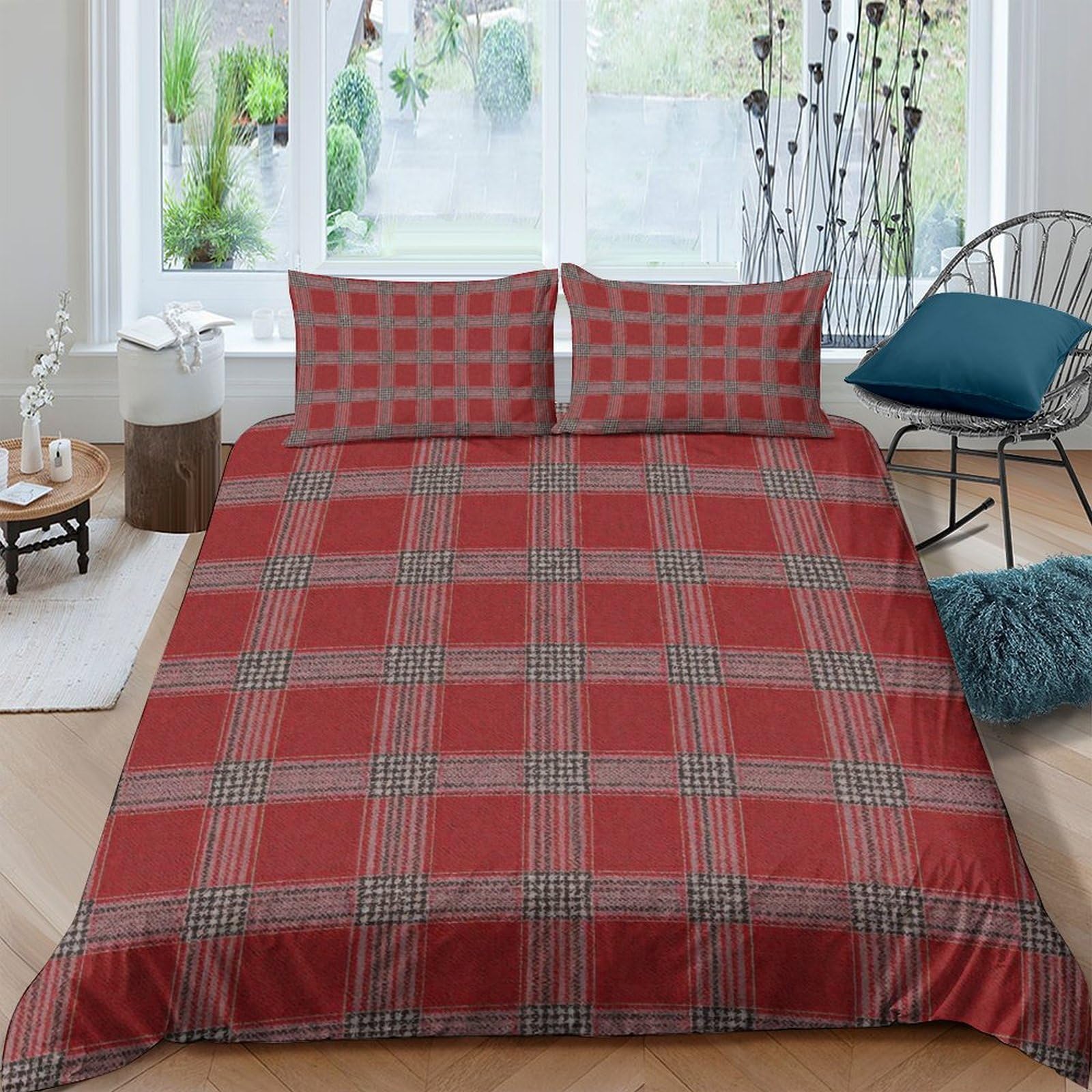 GPLZQXKJNH 3D Printed Red Plaid Duvet Cover Microfiber Soft Breathable Checkered Bedding Set with 2 Pillowcases for Bedroom Single（135x200cm）