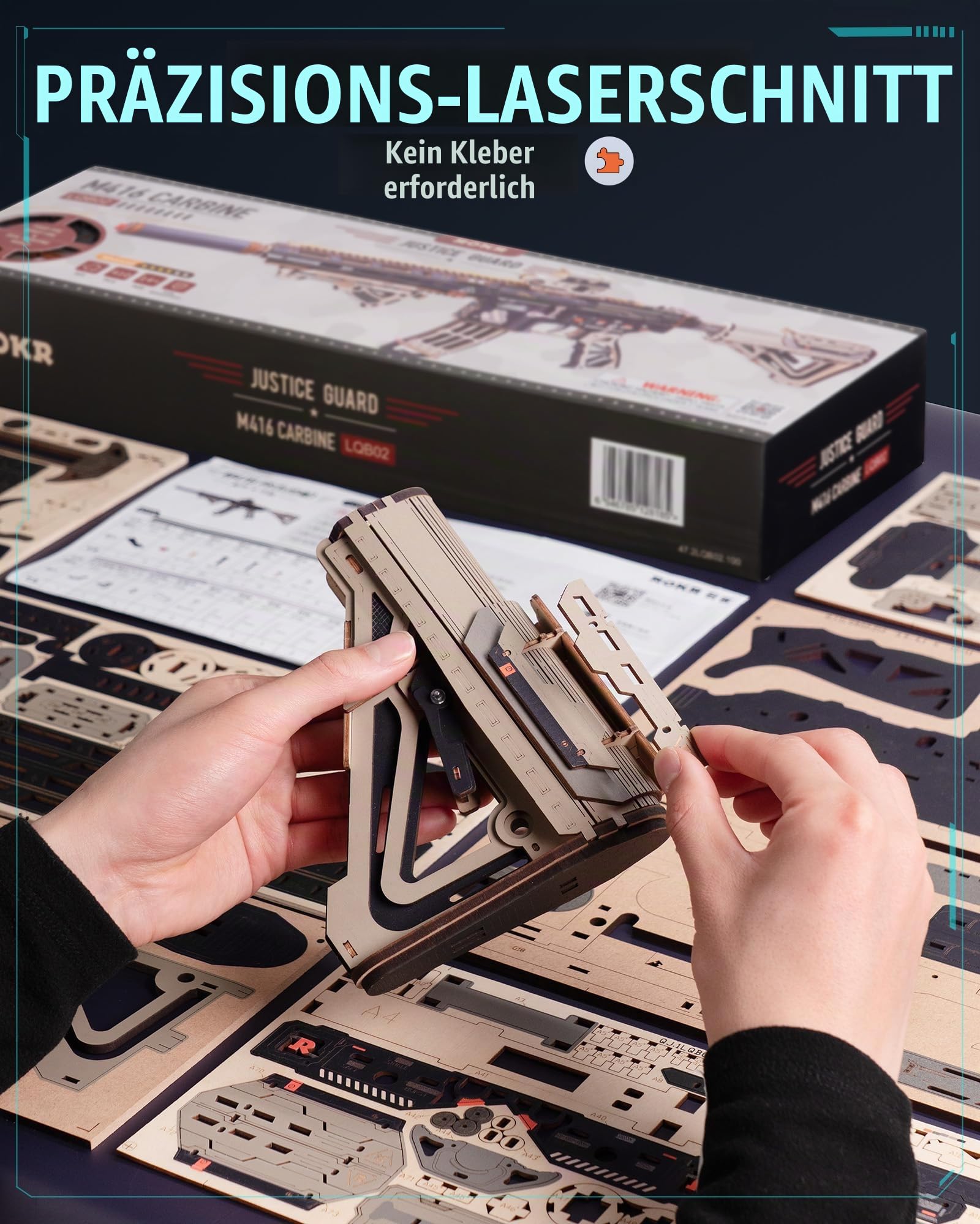ROKR M416 3D Mechanisches Launcher Modell Bauset für Erwachsene 410 Teile Tactical Style DIY Holz Puzzle Interaktives Elastikband Action Spielzeug Geschenk für Männer LQB02
