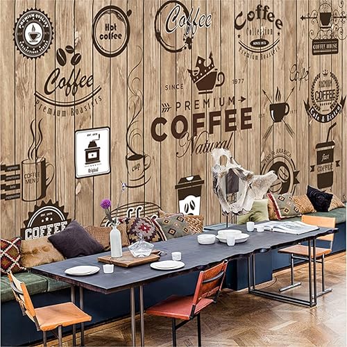 Miniatura 2 de Papel tapiz nostálgico retro de grano de madera 3D, mural 3D, letras de icono de café, decoración de póster de pared personalizada, pintura de pared