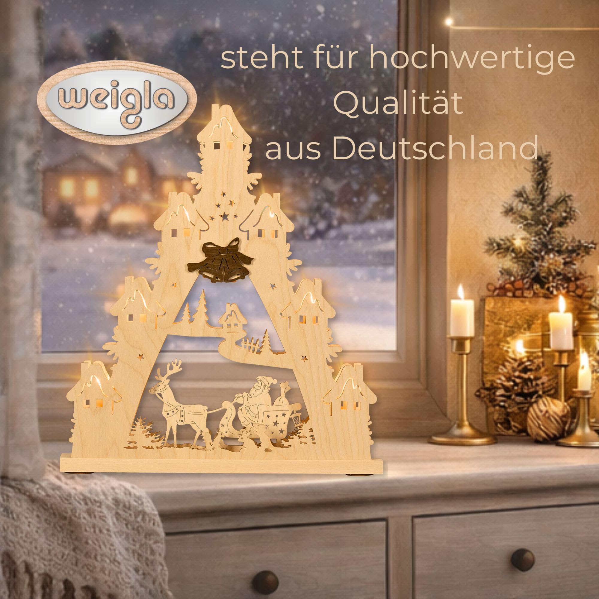 WEIGLA - Lichterspitze original Erzgebirge I Motiv Weihnachtsmann auf Schlitten I LED Lichterbogen Weihnachten I 7 Lampenkerzen + 1 Ersatzlampe I 7 x 34 V, 0,2 W, E10 I Weihnachtsdeko innen I aus Holz