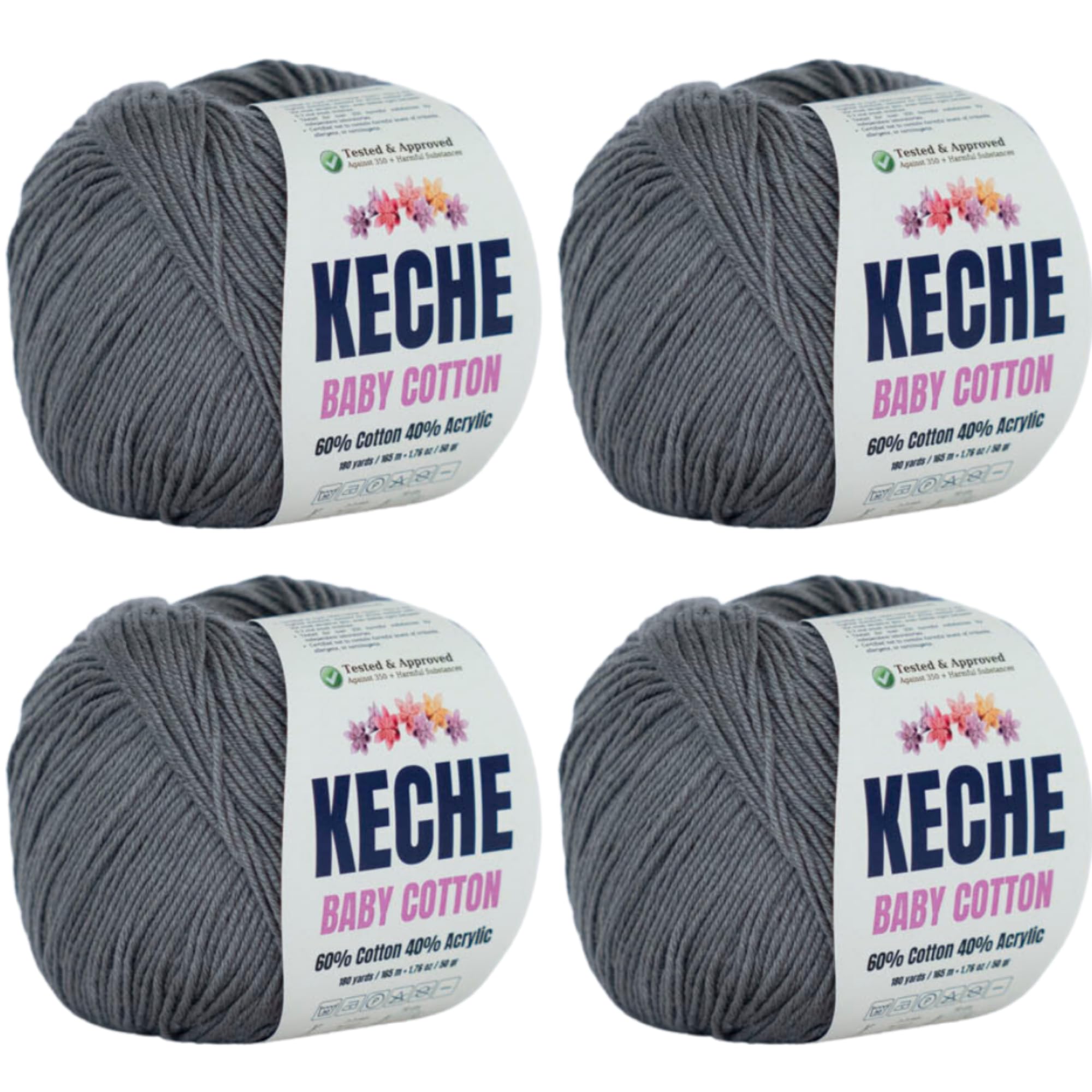 Keche Cotton Yarn, 60% Cotton 40% Acrylic Yarn, Soft Cotton Yarn for Crochet and Knitting, Amigurumi Yarn 4 Skeins/Balls [1.76 Oz (50g) / 180 Yrds (165m)] x 4 - Dark Grey