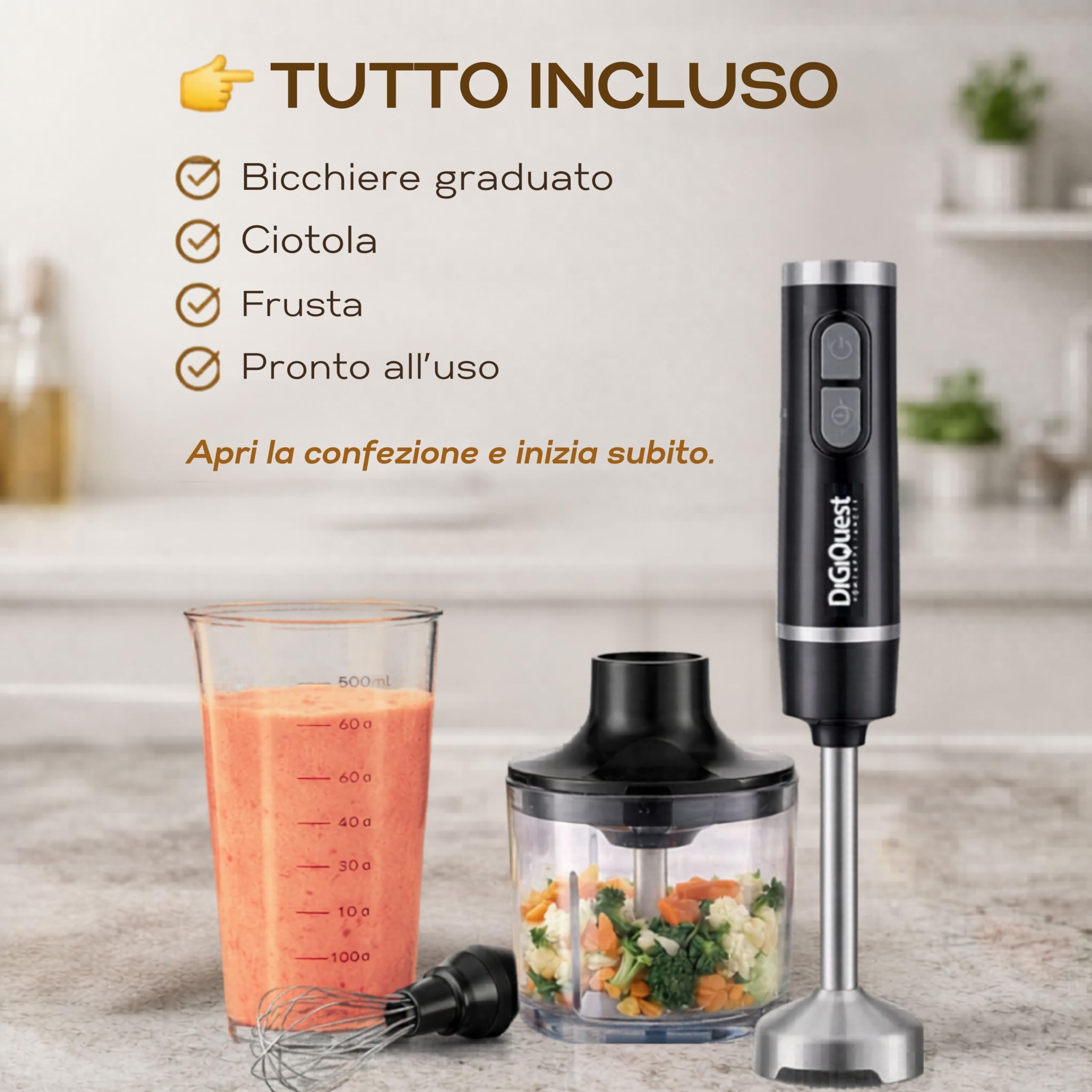 DIGIQUEST Frullatore Ad Immersione Multiuso 3 in 1 Handy 400 Full - Lame e braccio smontabile, Acciaio Inox, Impugnatura Ergonomica, Ciotola e Bicchiere inclusi nella confezione (3in1 ACCIAIO)