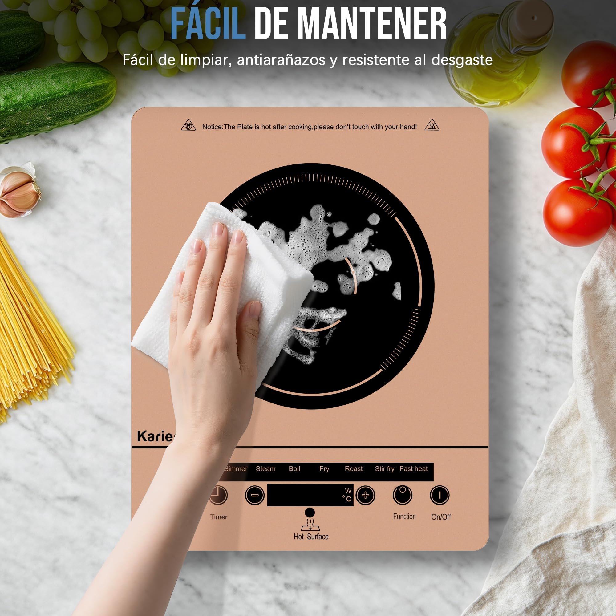 Placa Vitroceramica 1 Fuegos, Placa de Cocción Integrada, 2000W, Naranja | Placa de Cocción Integrada, Vitroceramica Portatil, Indicador de Alta Temperatura, Bloqueo para Niños, 9 Velocidades