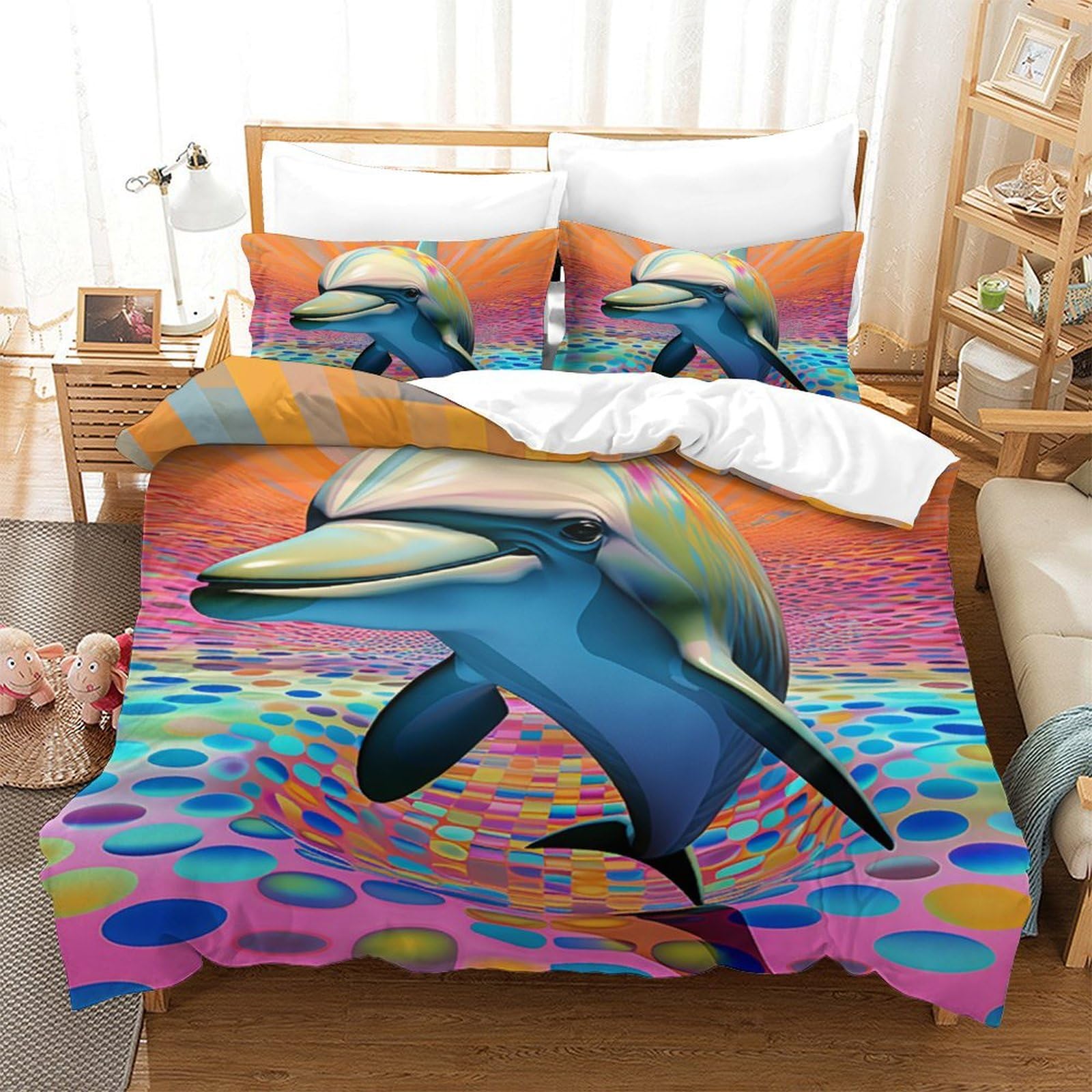 Housse de couette dauphin 3D en microfibre 200x200 cm avec taies