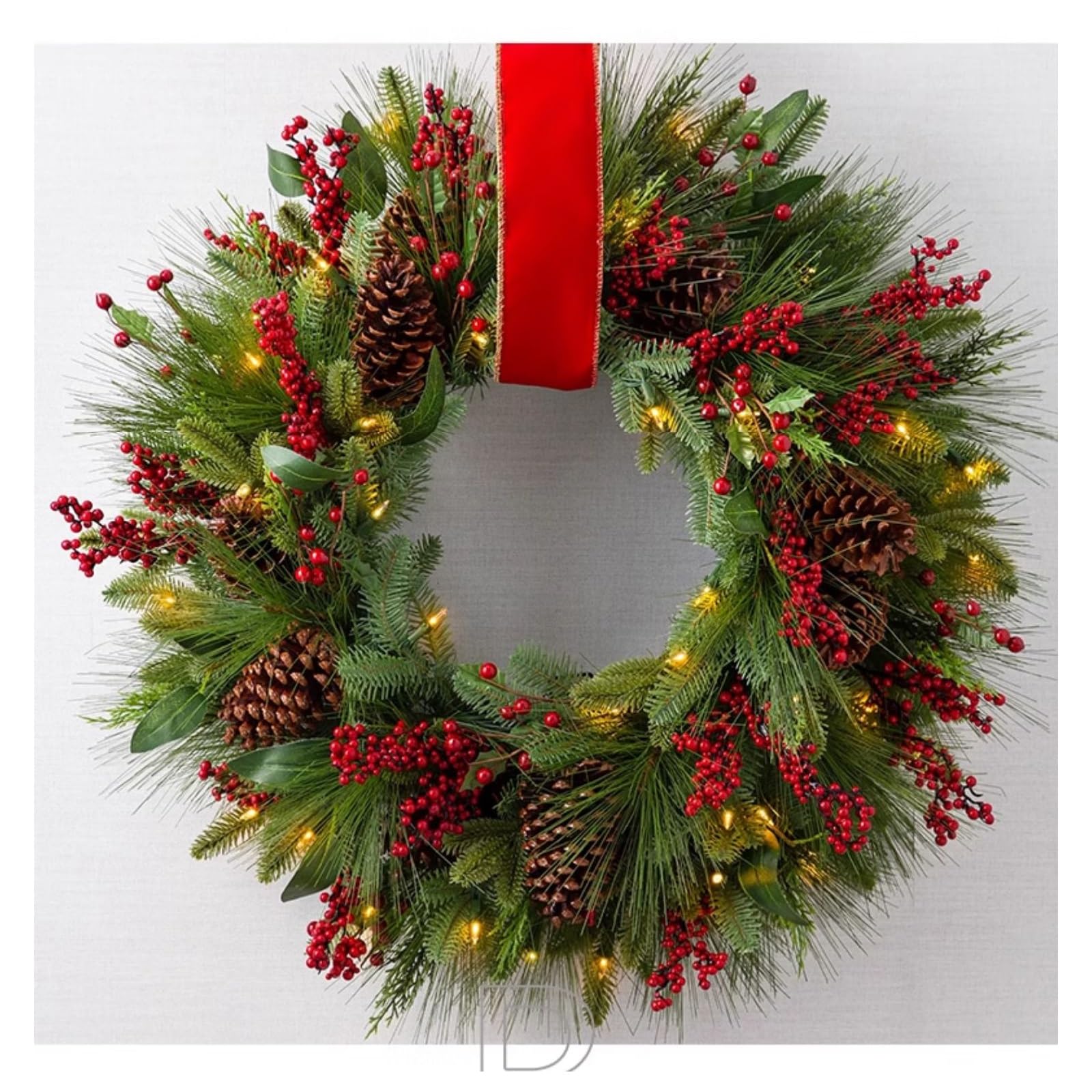 OPFdfhDFH Christmas wreaths, Lighted Garland Battery Operated, Realistic, Decorated with Berries, Pine Cones, Fall Decorations for Home Porch(60cm/23.6in)