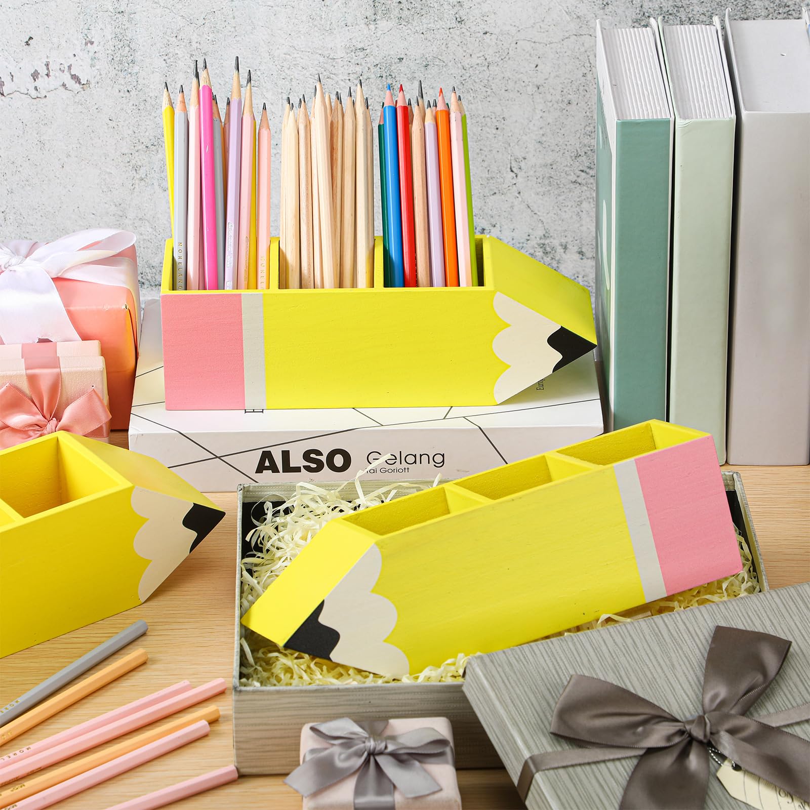 Patelai 4 piezas de regalo de agradecimiento para profesores, soporte de madera para lápices, dispensador de lápices para aula, forma de lápiz, organizador de escritorio para profesores, suministros