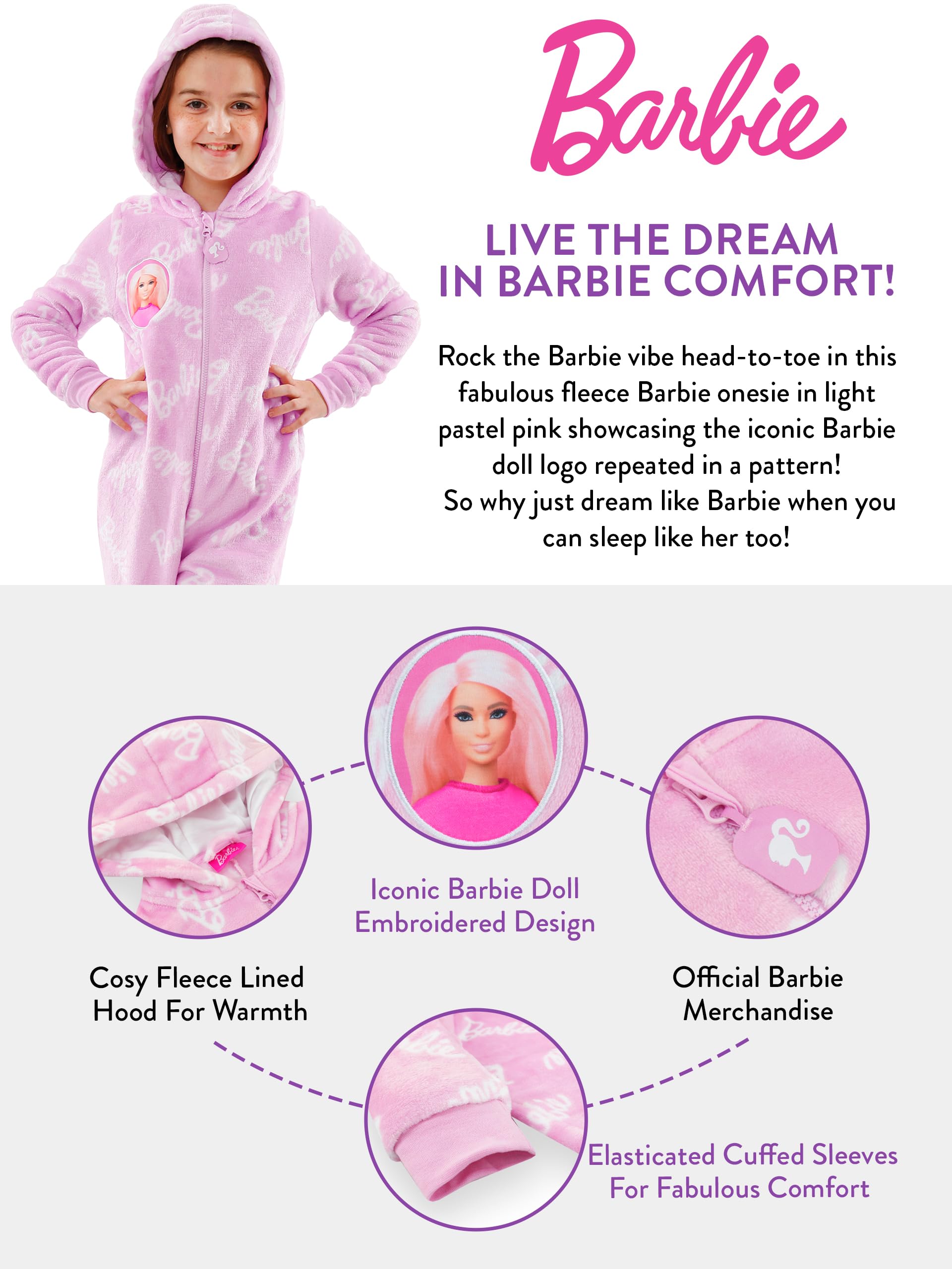 Barbie Onesie dla dziewczynek Różowa polarowa piżama dzieci Rozmiary 5-13 lat
