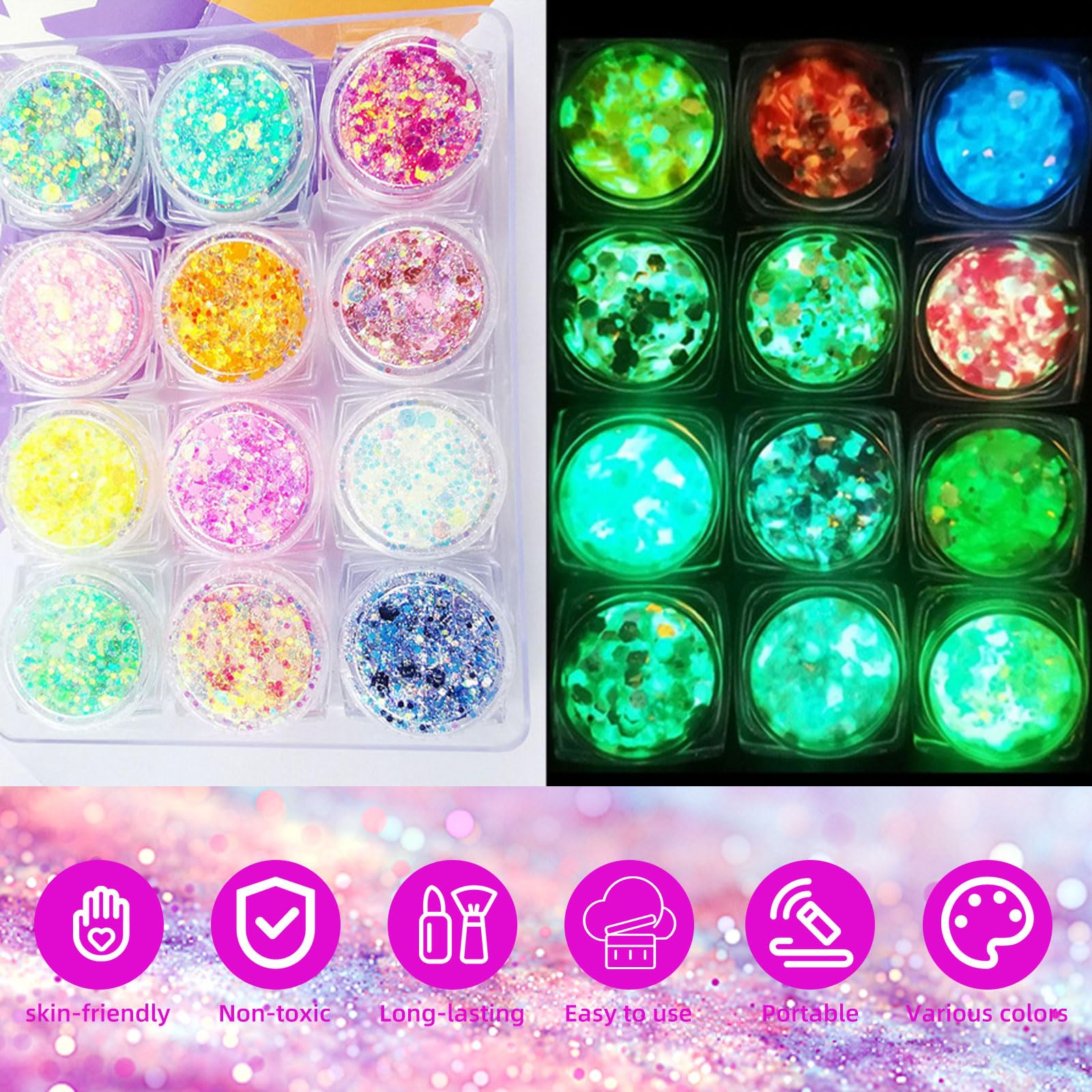 Fluorescencyjny brokat, 12 kolorów, żel brokatowy do paznokci i ciała, twarzy, włosów, dekoracji odzieży, cekinów do makijażu i akcesoriów festiwalowych