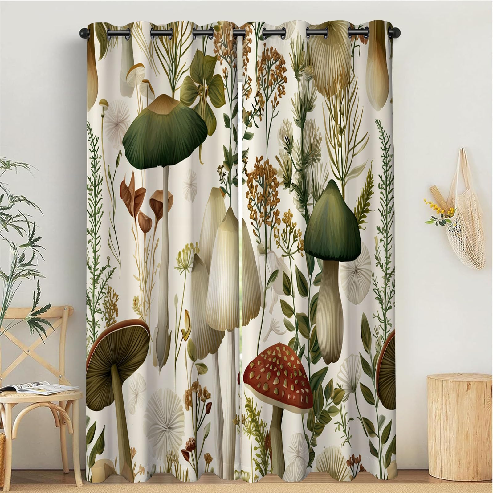 Rideaux occultants artistiques de haute qualité motif flore forestière et champignons
