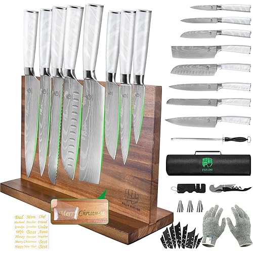 FULLHI 15pcs Japanese Knife Set with Magnetic Knife Block Holder, Stainless Steel Blades, White Resin Ergonomic Handles for Professional and Home Cooking