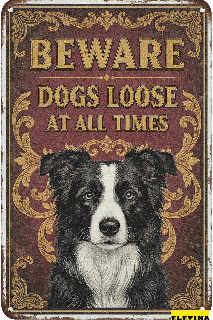 Dogs Loose Border Collie Warning Tin Sign, 8x12 Inch
