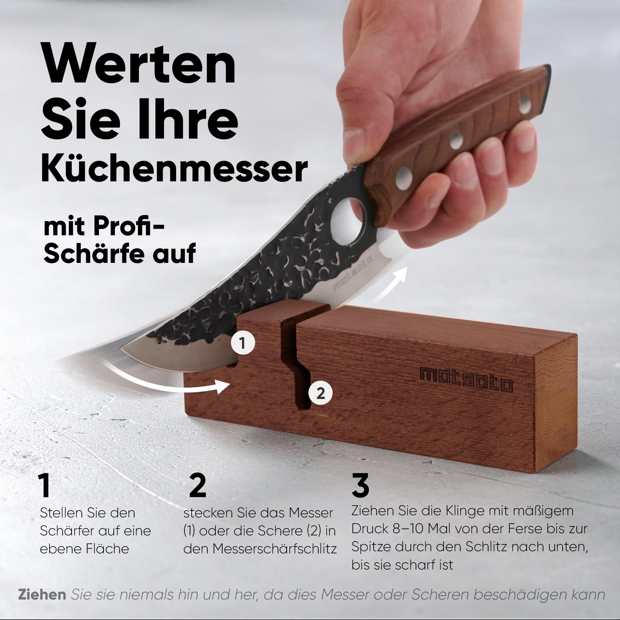 Matsato Messerschärfer 2-in-1 – Schärfgerät für Küchenmesser & Scheren, Keramik-Schleifstäbe, Buchenholz, Knife Sharpener
