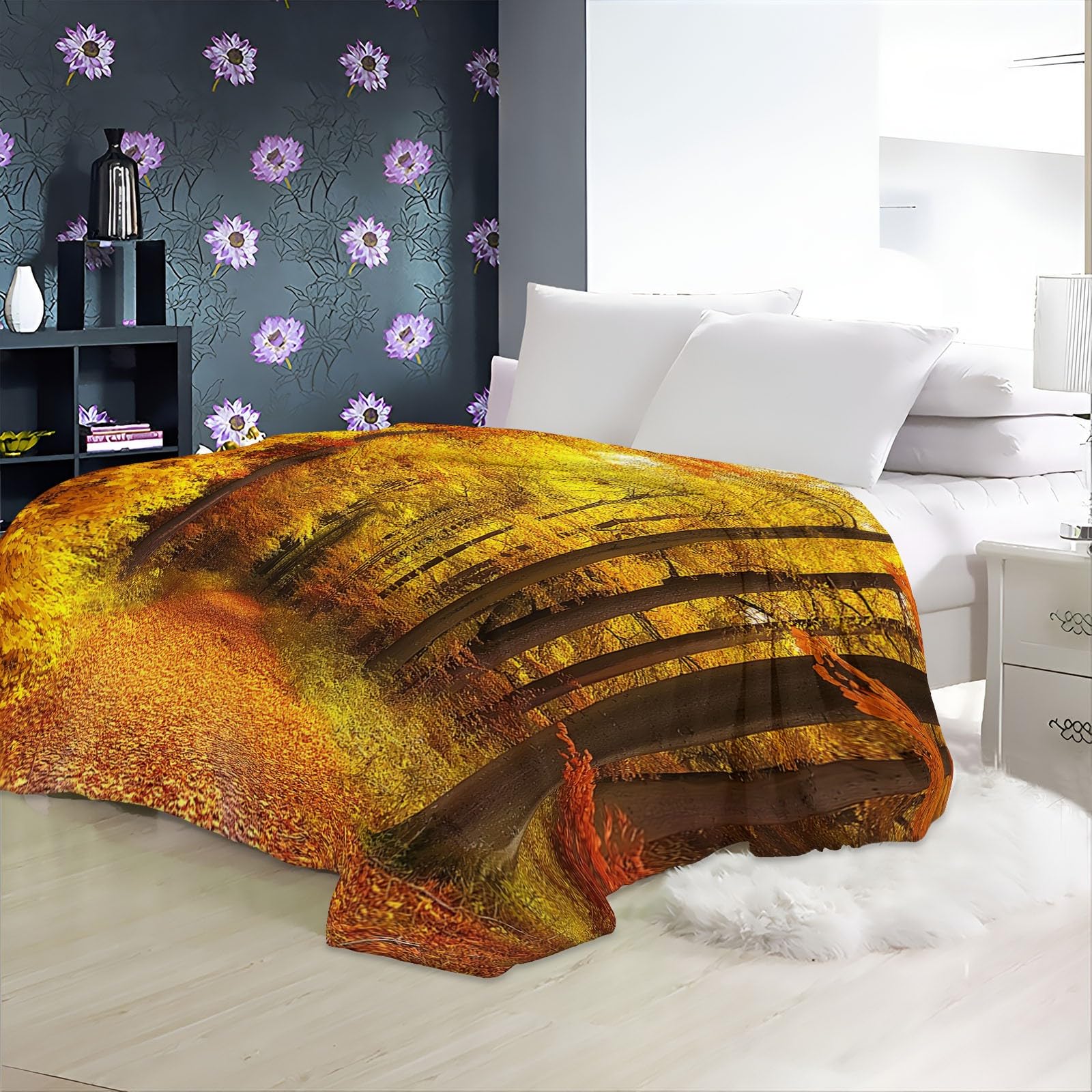 Coperta Plaid Pile Paesaggio forestale autunnale 180x200 cm Plaid Coperta Sherpa Calda e Confortevole, Coperta Super Morbida Fluffy in Pile di Flanella, Coperta di Pecora