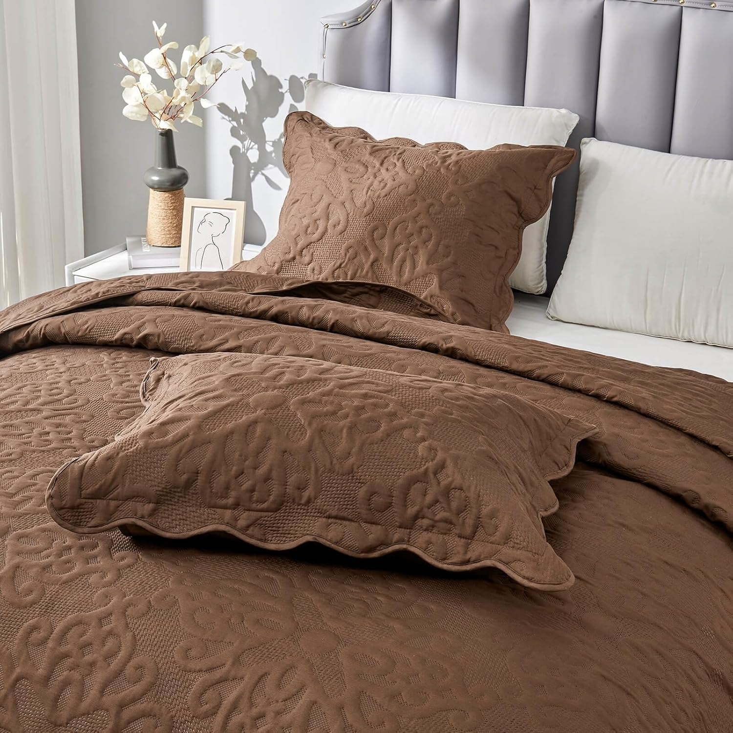Kingnex Oversized King Bedspreads 128x120 for Tall Bed Lightweight 3 Piece Coverlet Set 1 Extra Wide Quilt 2 Pillow Shams Coffee - Image 6