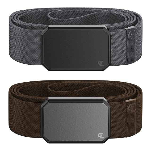 Black Stone and Gun Metal Brown Groove Belt Bundle - Mens Stretch Nylon Belt with Magnetic Aluminum Buckle