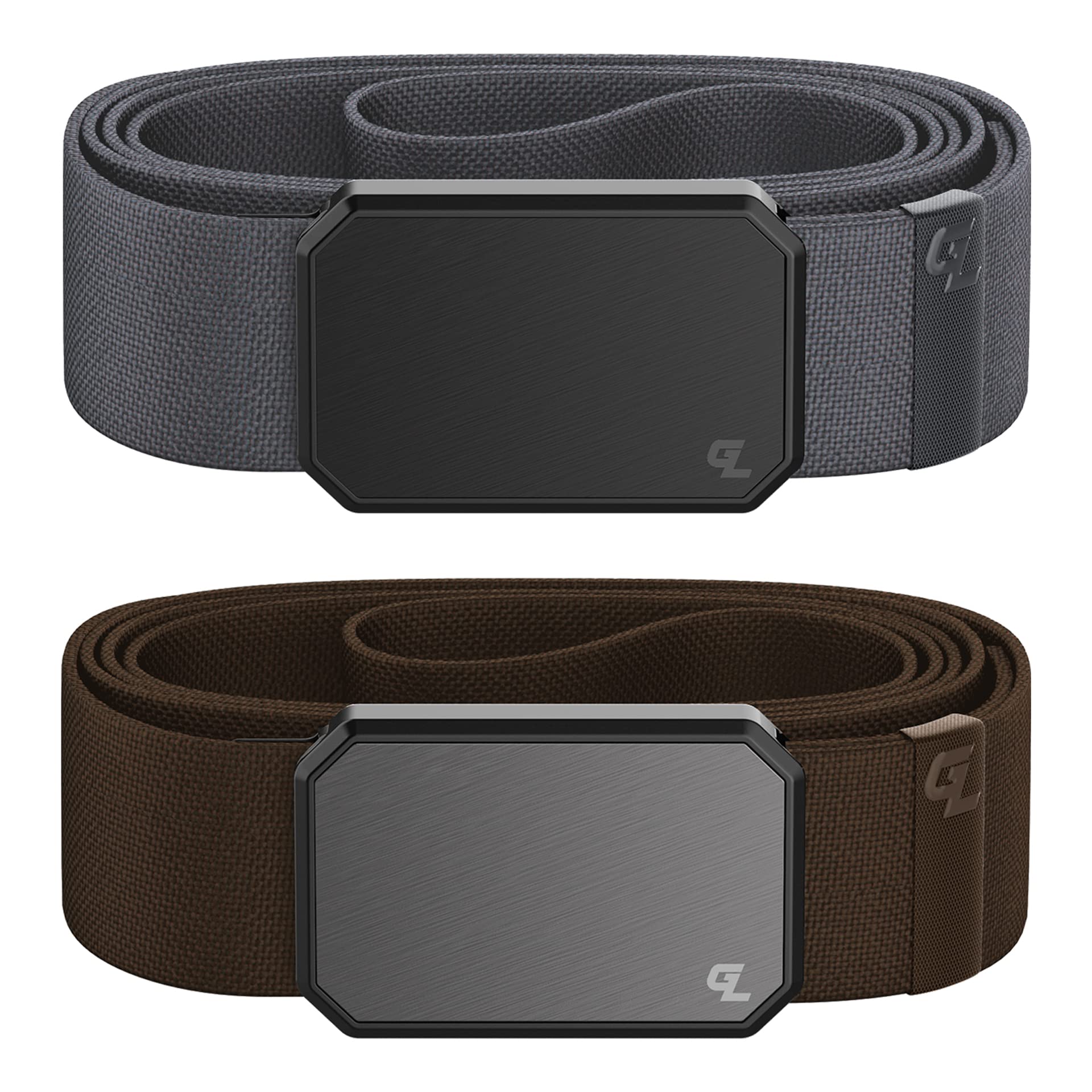 Black Stone and Gun Metal Brown Groove Belt Bundle - Mens Stretch Nylon Belt with Magnetic Aluminum Buckle
