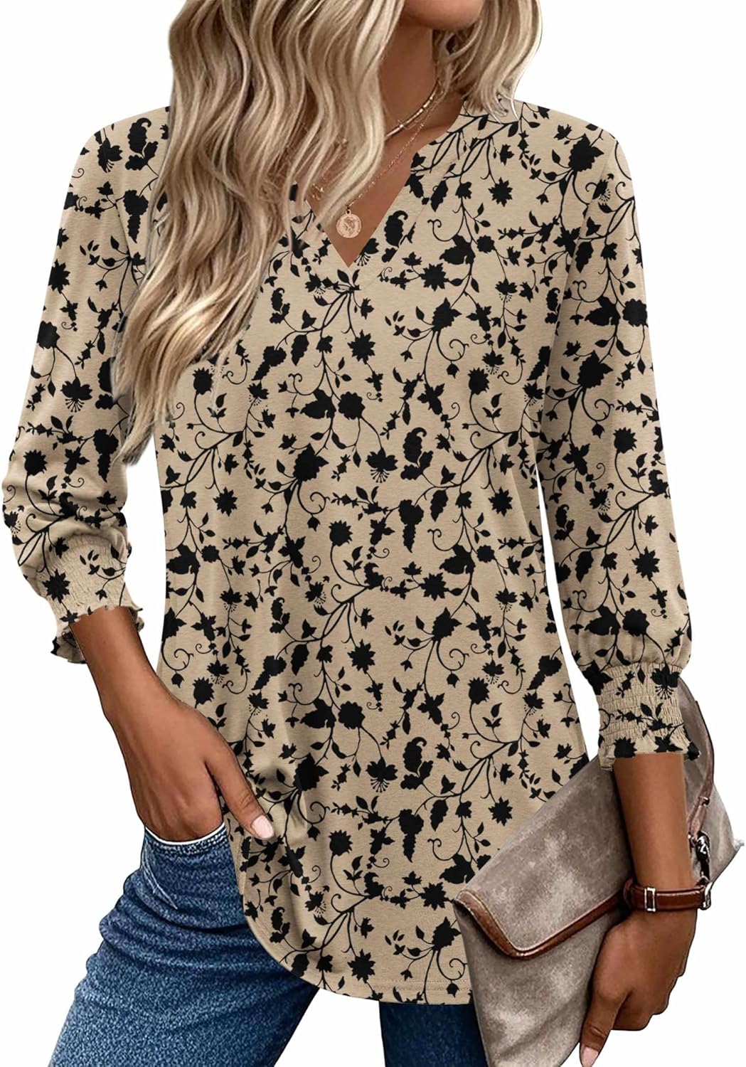 Zeagoo Women's 3/4 Sleeve Floral V-Neck Tunic Blouse with Ruffle Smocked Cuffs - 2025 Trendy Casual Tops