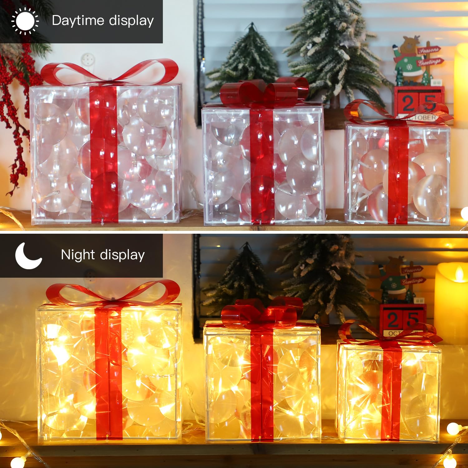 Cajas de regalo iluminadas de Navidad, juego de 3, regalos de oropel preiluminados con lazo, adorno de falda de árbol de Navidad iluminado, interior y exterior, enchufable (blanco cálido)