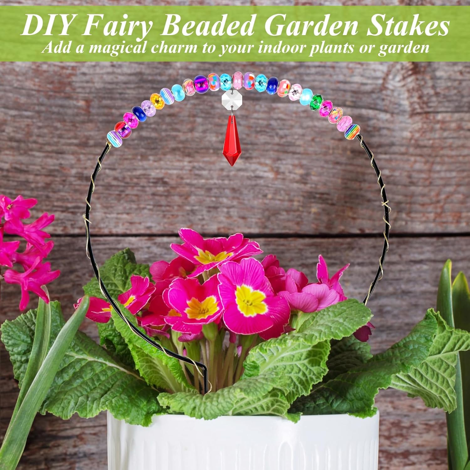 218PCS Beaded Garden Stakes Kit Fairy Garden Stakes DIY Fairy Wand Garden Stake Beads Kits with 8 Colorful Crystal Charm 8 Round Arch Stand 200 Colorful Beads for Garden Craft Supplies - Image 5