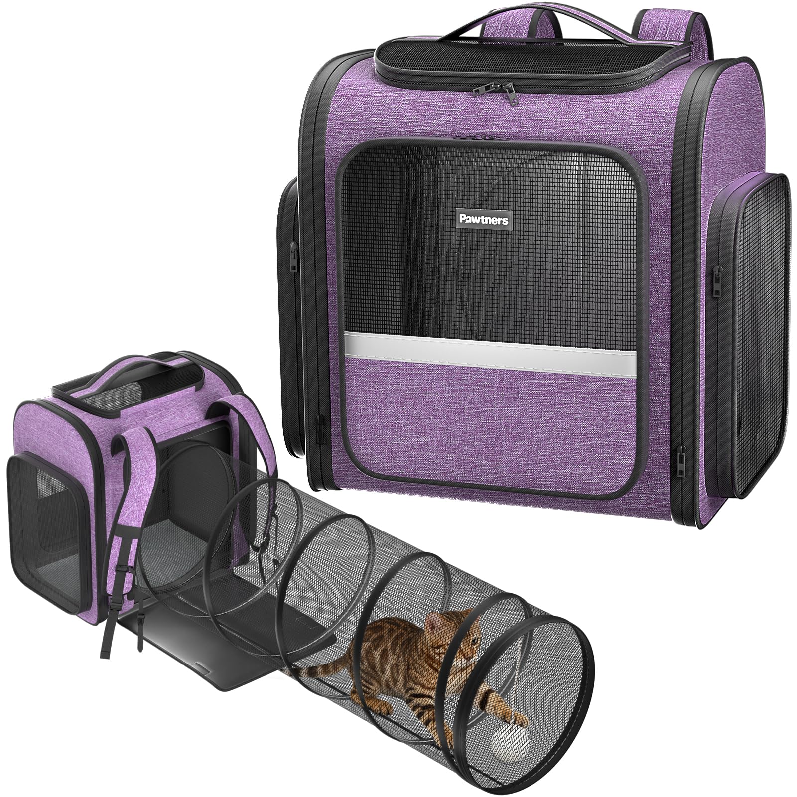 Pawtners Cat Carrier Backpacks with Expandable Cat Play Tunnel, Airline Approved Pet Backpack for Small Dogs & Large Cats Up to 25 Lbs, Foldable Cat Travel Carrier for Vet Hiking Camping-Purple
