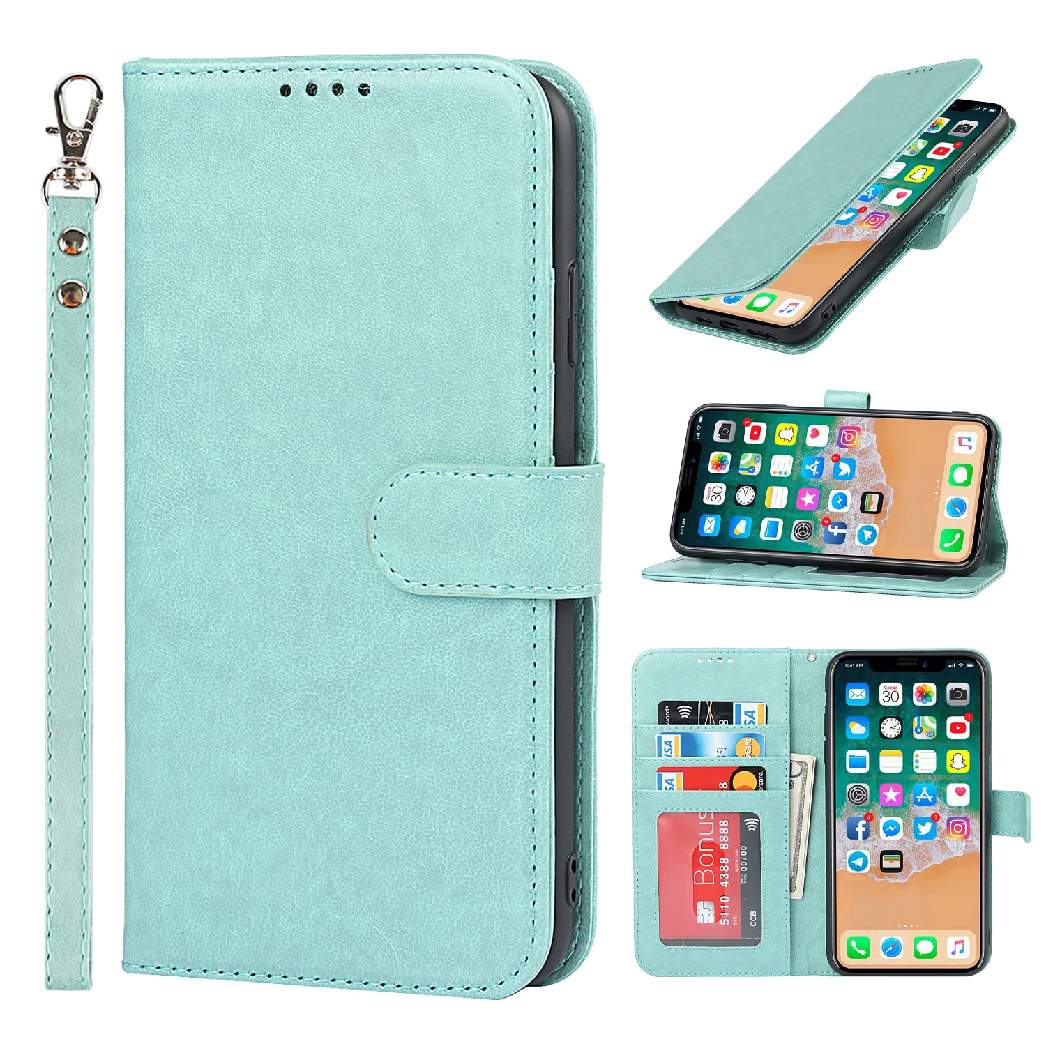 SailorTech iPhone X/XS Wallet Case, Premium PU Leather Case Flip Cases Folio Cover with Kickstand TPU Shockproof Card Slots Holder Magnetic Buckle Phone Protective Case - Light Green