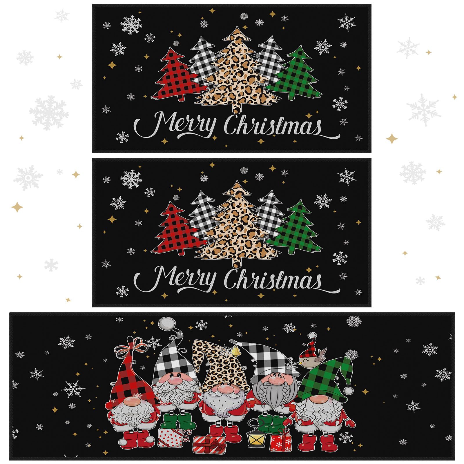 Tinideya 3 Pcs Christmas Kitchen Rug Set Christmas Non Slip Thick Kitchen Rug and Mat Stain Resistant Rustic Xmas Decorations Area Rug for Home Bathroom Kitchen Outdoor (Dark Color,Cute Style)