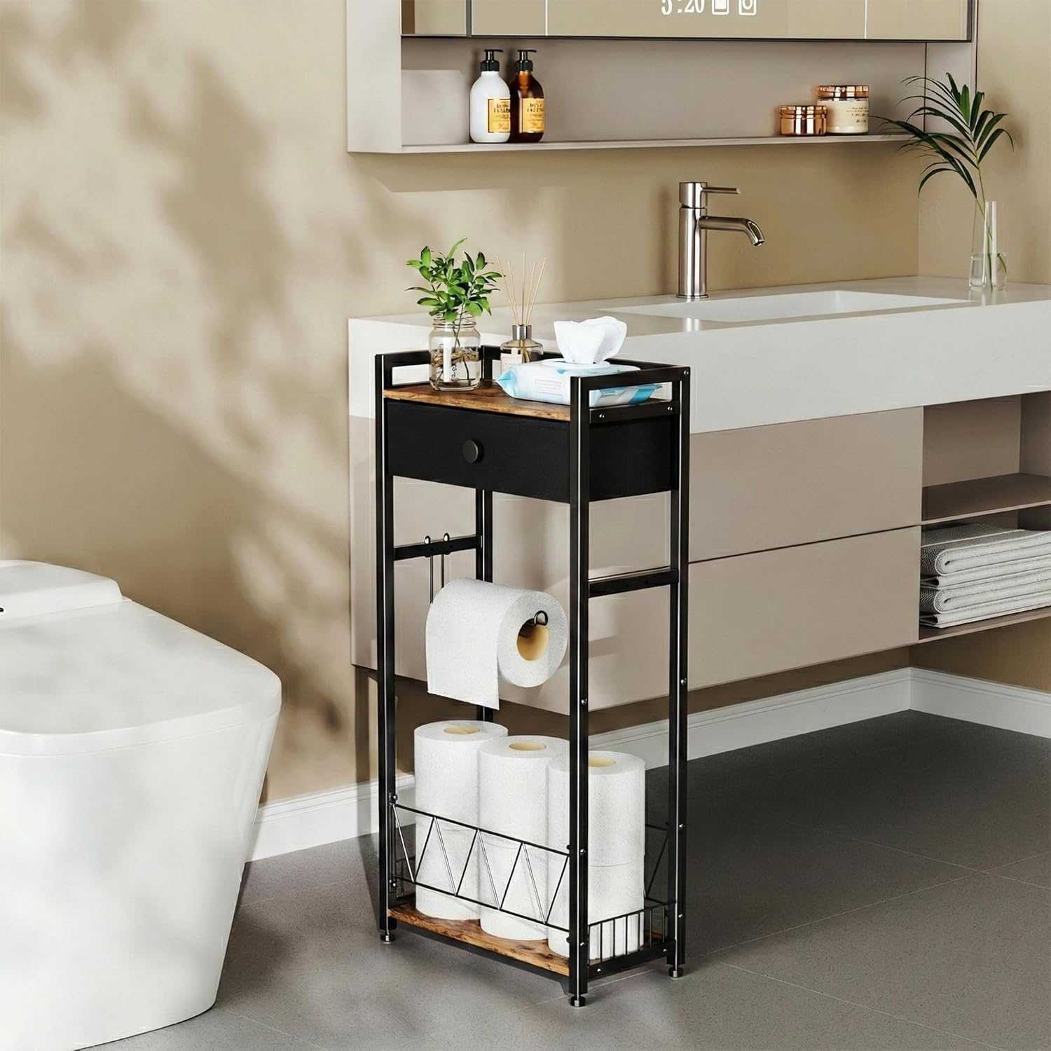 Freestanding Toilet Paper Holder Stand with Storage Drawer, Narrow Bathroom Shelf, Spare Roll Basket, 4-Way Install Paper Arm, Space-Saving Rack for Apartments & RVs (Brown)