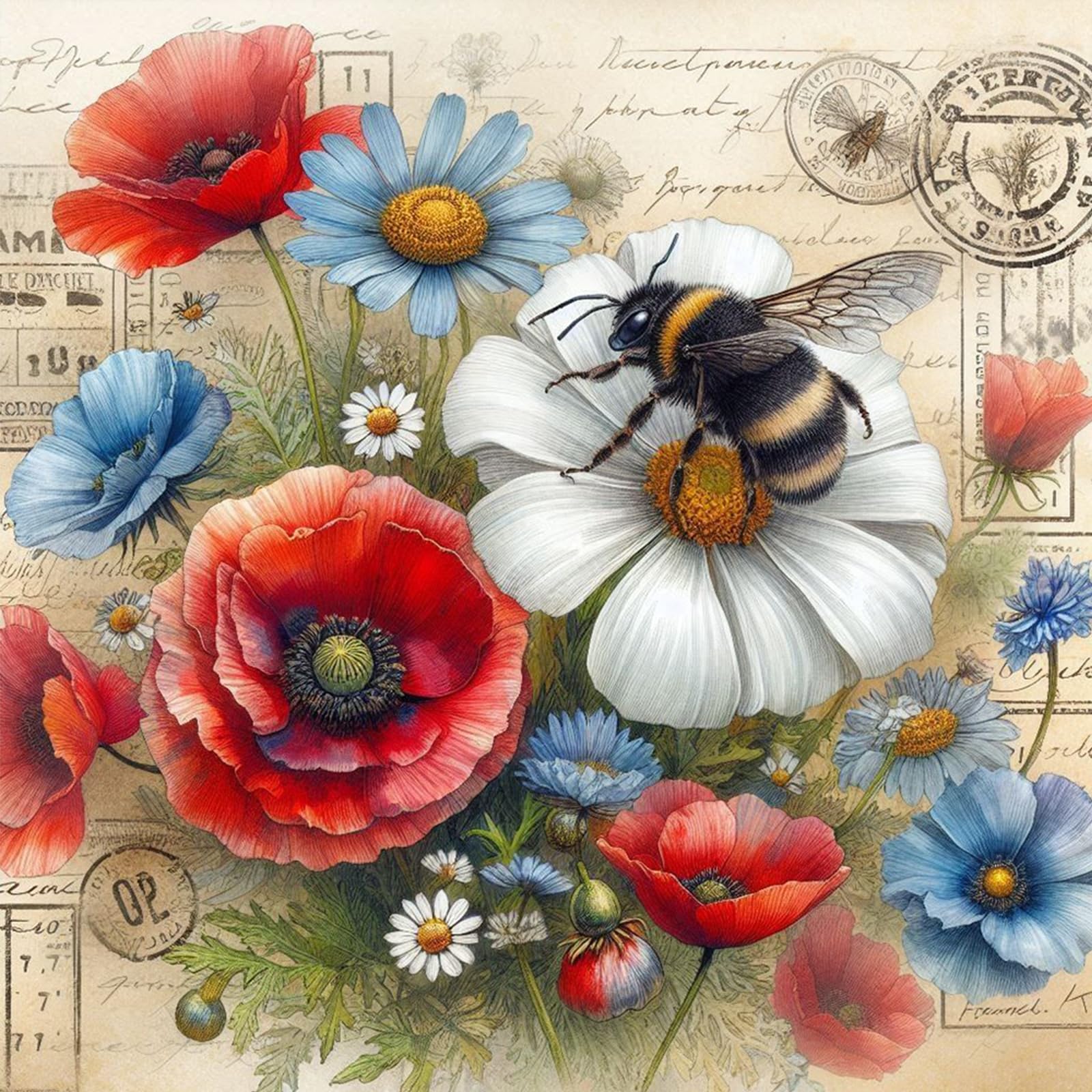 Poetrydraw Bees And Poppies Bees & Poppies 5D Round Diamond Art Painting Kit - Diy Arts & Crafts For Adults & Beginners, Wall Decor, 15.75X15.75 In (Bees & Poppies)