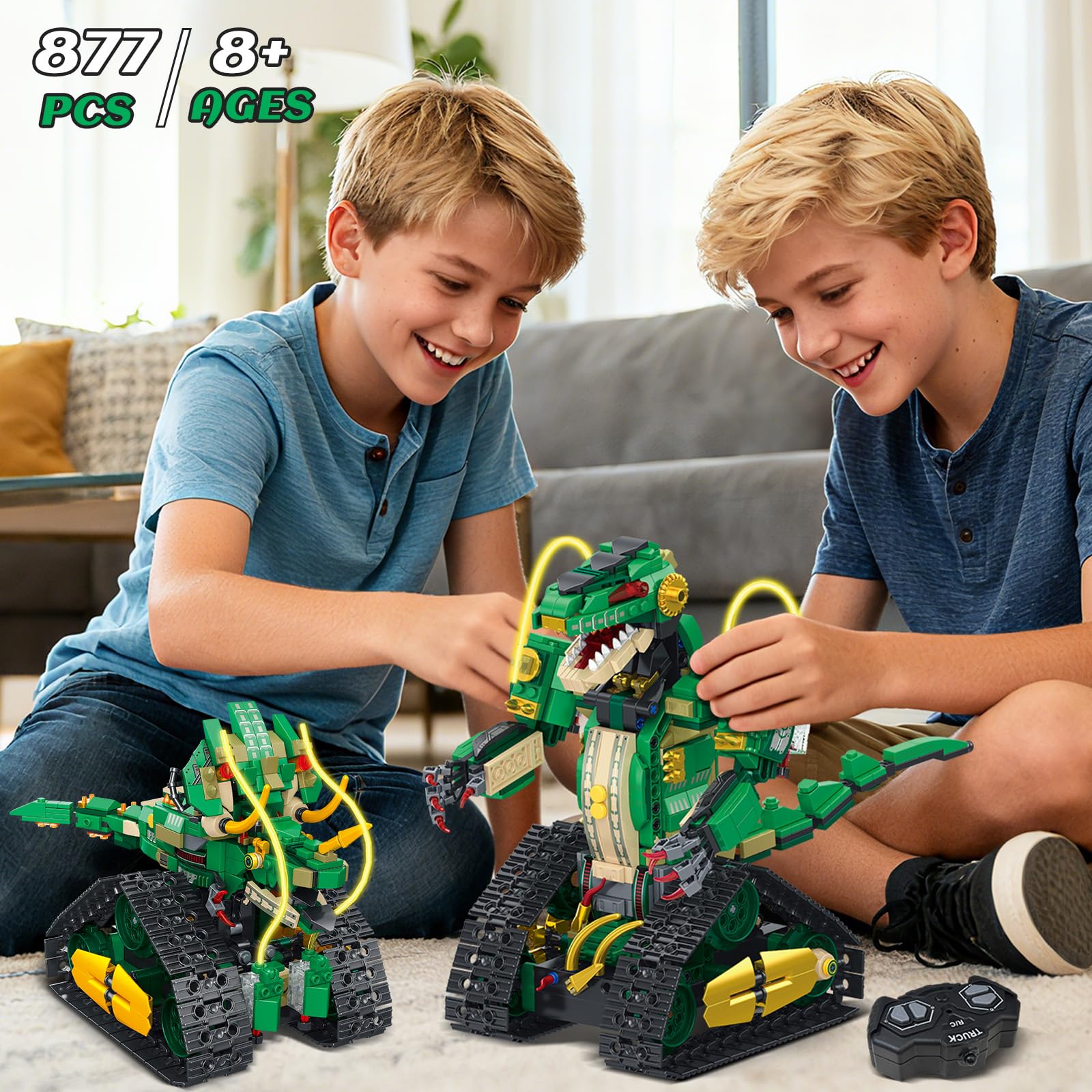 HiWEEGO Technik Roboter für Kinder mit Licht - 5 in 1 Dinosaurier Fernbedienung Bausatz, 877 Teile RC Robot Wiederaufladbar Spielzeug Geschenk für Jungen und Mädchen 8–12 Jahren