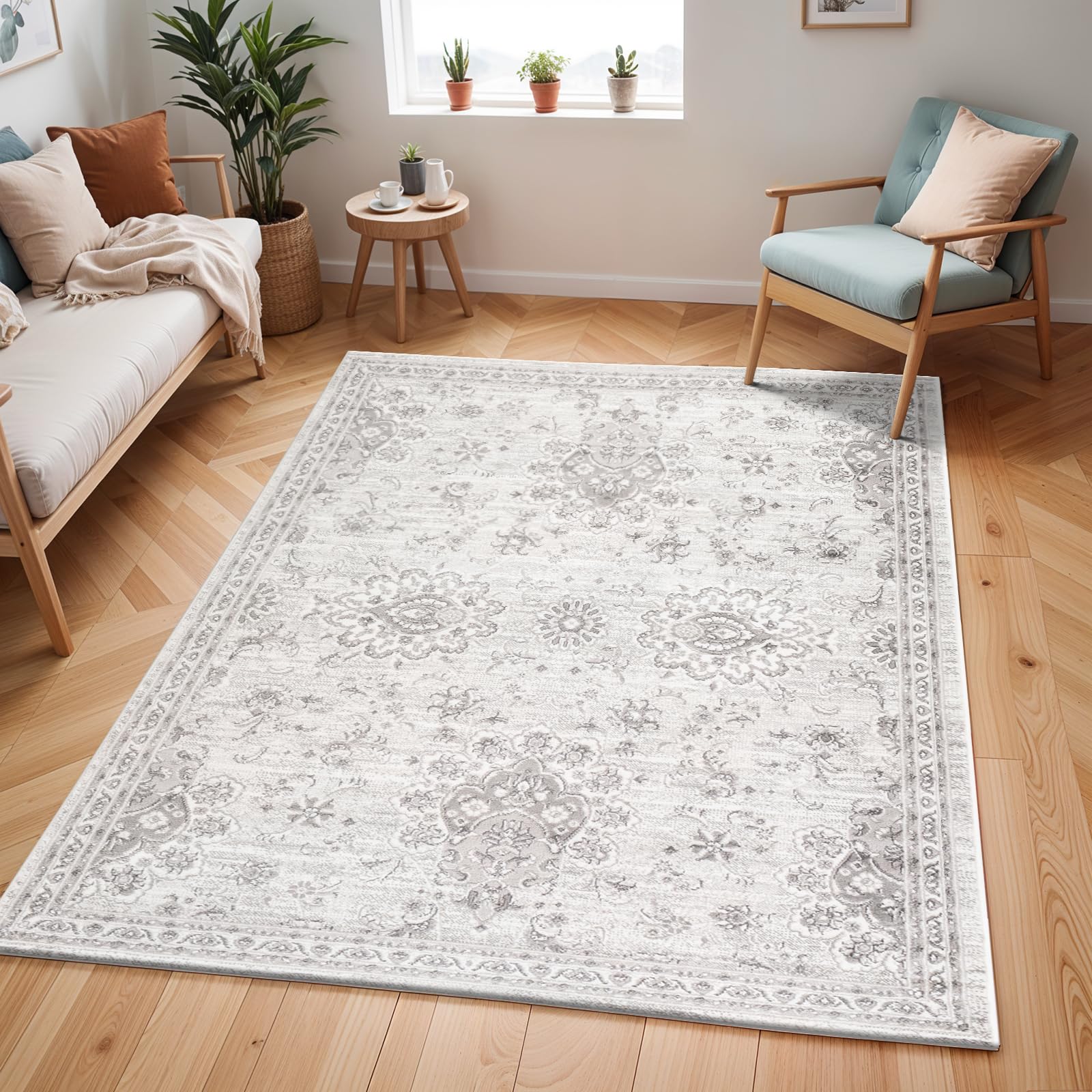 Livabliss Urmi Douela Vintage Design – Living Room 160x220 cm, Hallway Bedroom Use, Scandi Neutral Look, Traditional Boho Style, Easy Care Pile, Grey White Charcoal