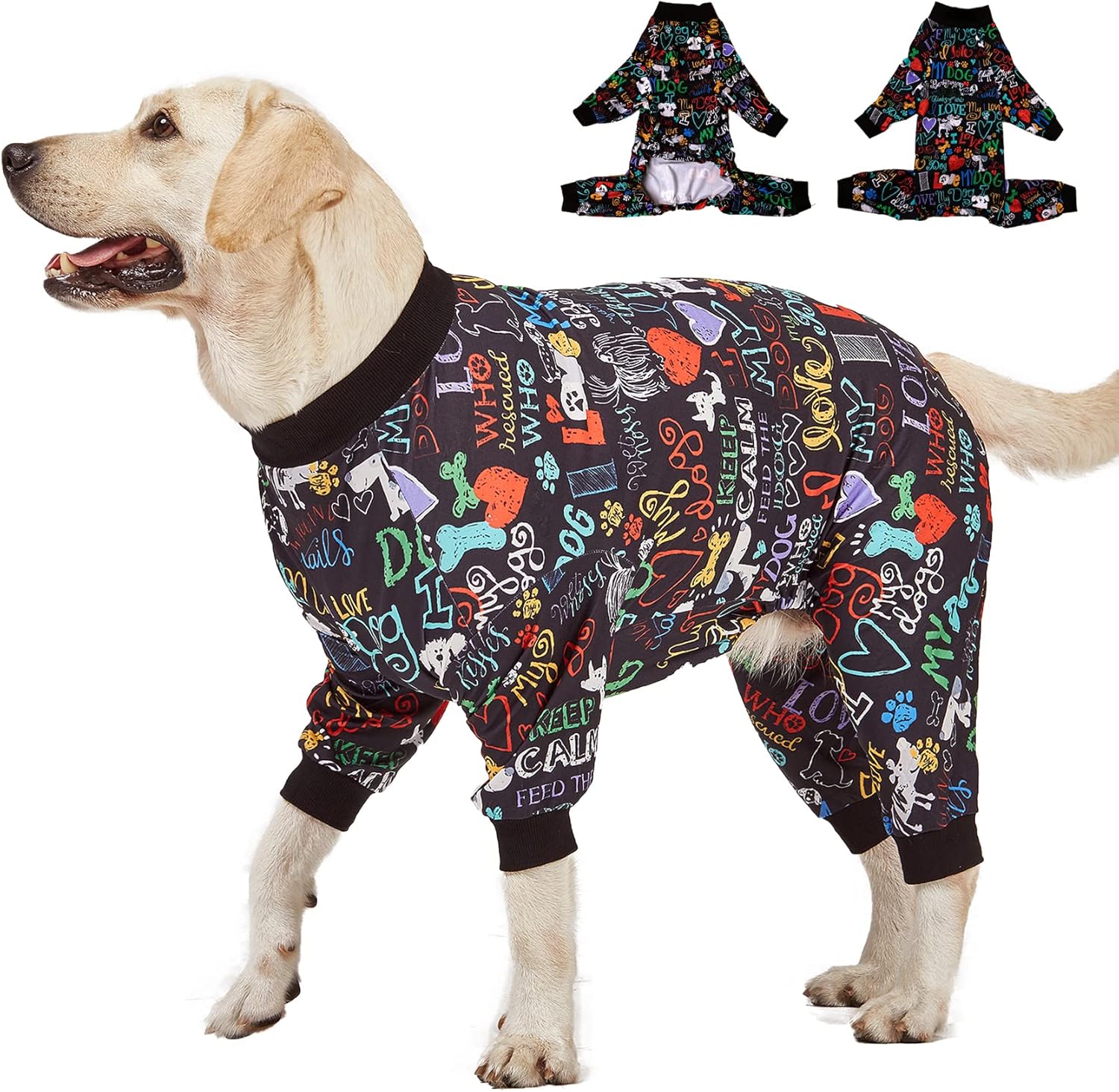 LovinPet - Pijama grande para postcirugía, protección UV, diseño de palabras con texto en inglés «Love My Dog», color negro