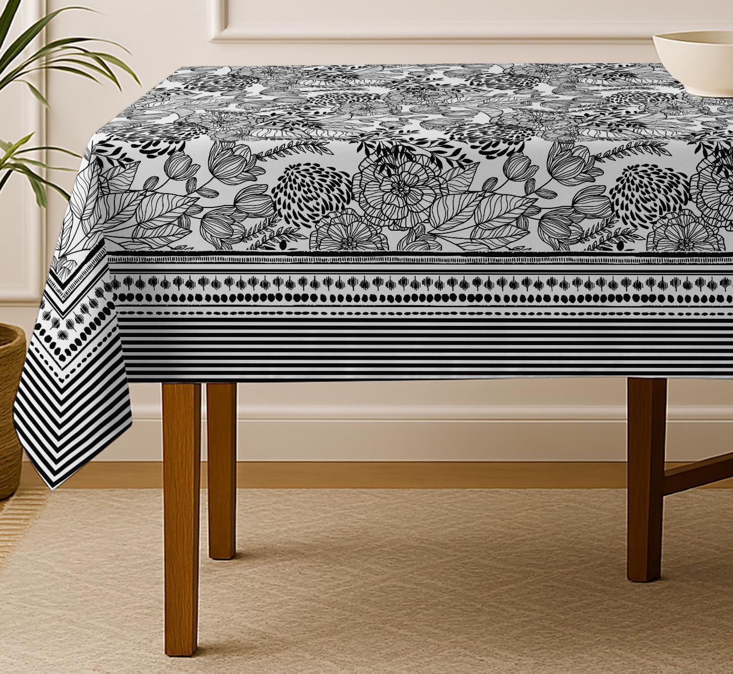 Floral Design Tablecloth - Black 120x60 Inch Cotton Dining Table Cover, Designed for 6 Seater Tables, Washable & Reusable, Perfect for Everyday Dining, Parties & Holiday Gatherings