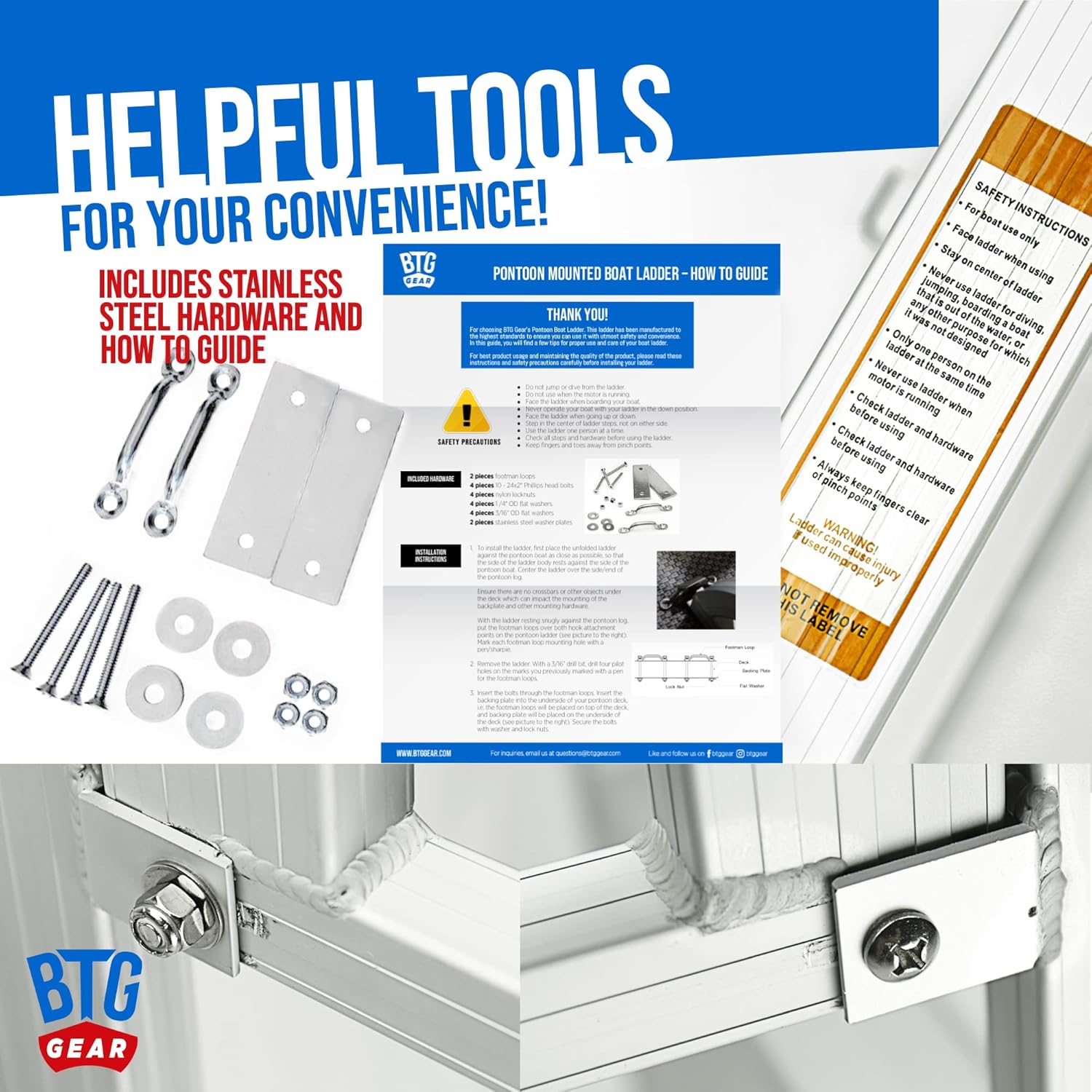 4-Step Marine Grade Aluminum Pontoon Boat Folding Ladder removable, w/ Quick Release Clips for Boarding, extends up to 42"