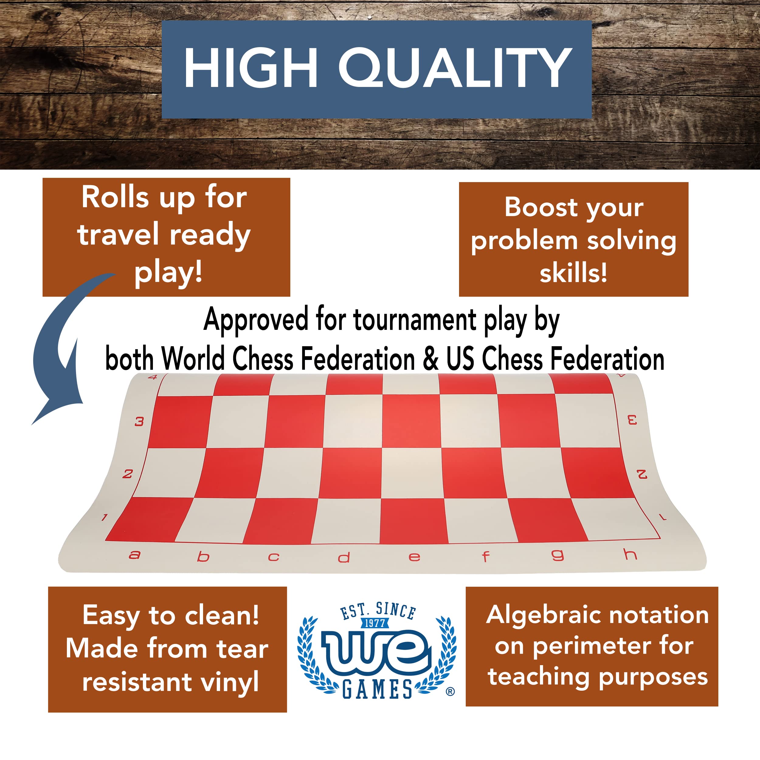 Wood Expressions Roll-Up Vinyl Chess Board - Tournament Size, Red, Adults - Image 4