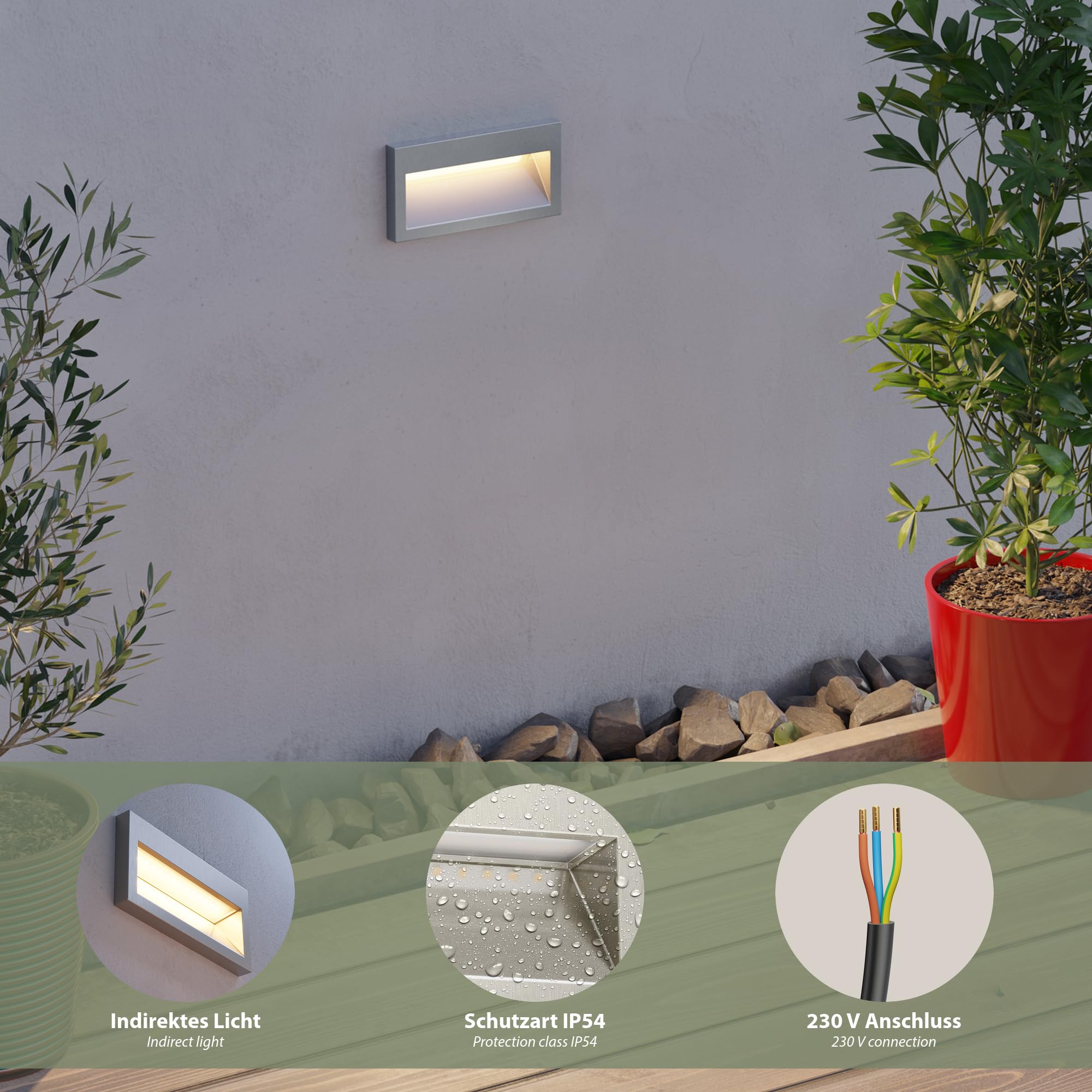 ledscom.de LED encastré mural NOLA, downlight pour l'extérieur, IP54, aluminium brillant, 140 x 70mm, blanc chaud
