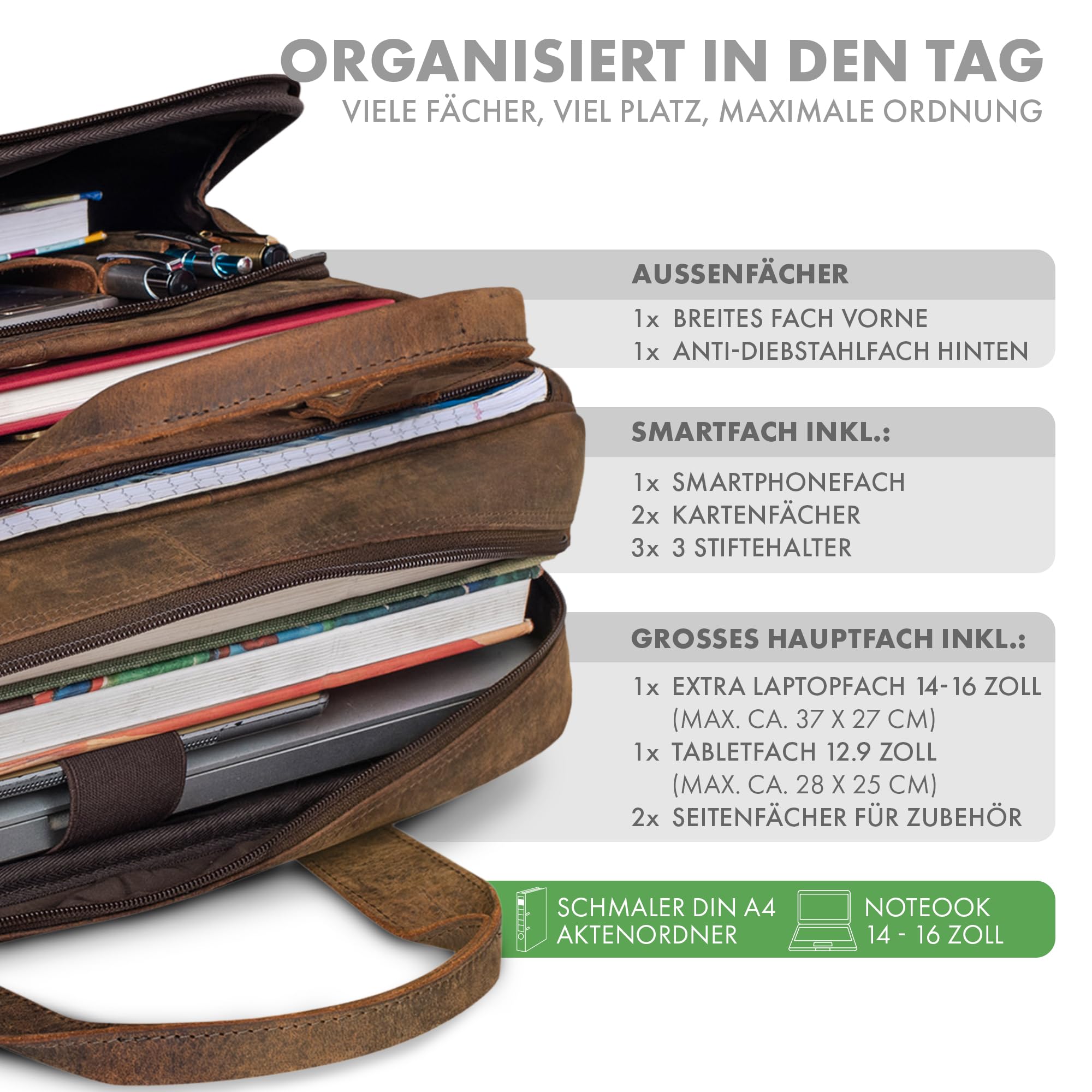 ROYALZ "Chicago Leder Umhängetasche Herren Laptoptasche 15.6 Zoll Messenger Bag Ledertasche groß Aktentasche Vintage Businesstasche für Männer Echtleder;Farbe:Schwarz
